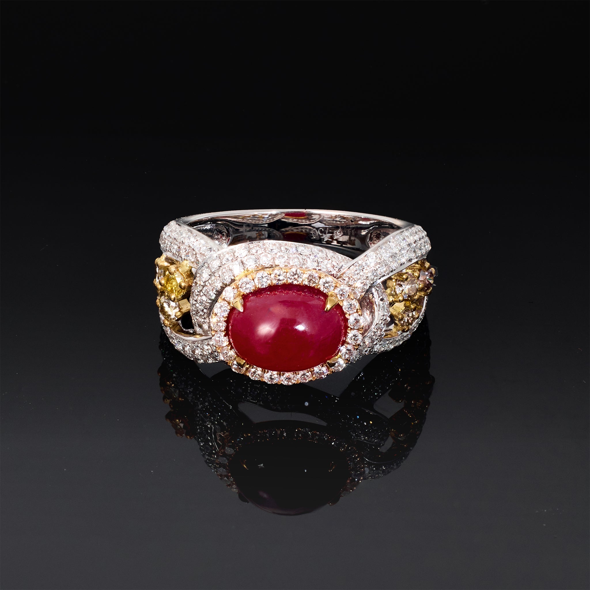 18K White Gold Ring with an Natural Oval Ruby and Fancy Diamonds - Jewelry And Store