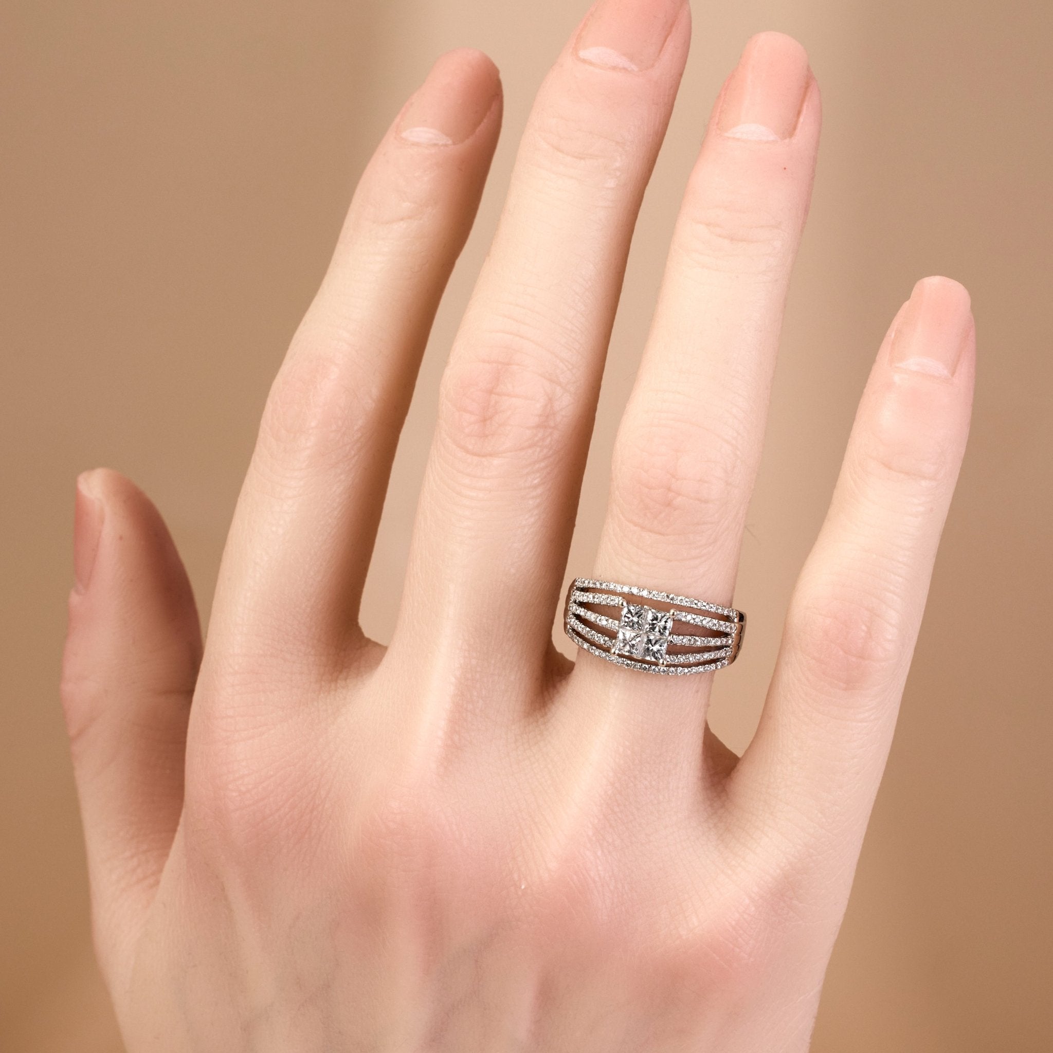 18K White Gold Princess - Cut Quad Diamond Halo Engagement Ring - Jewelry And Store