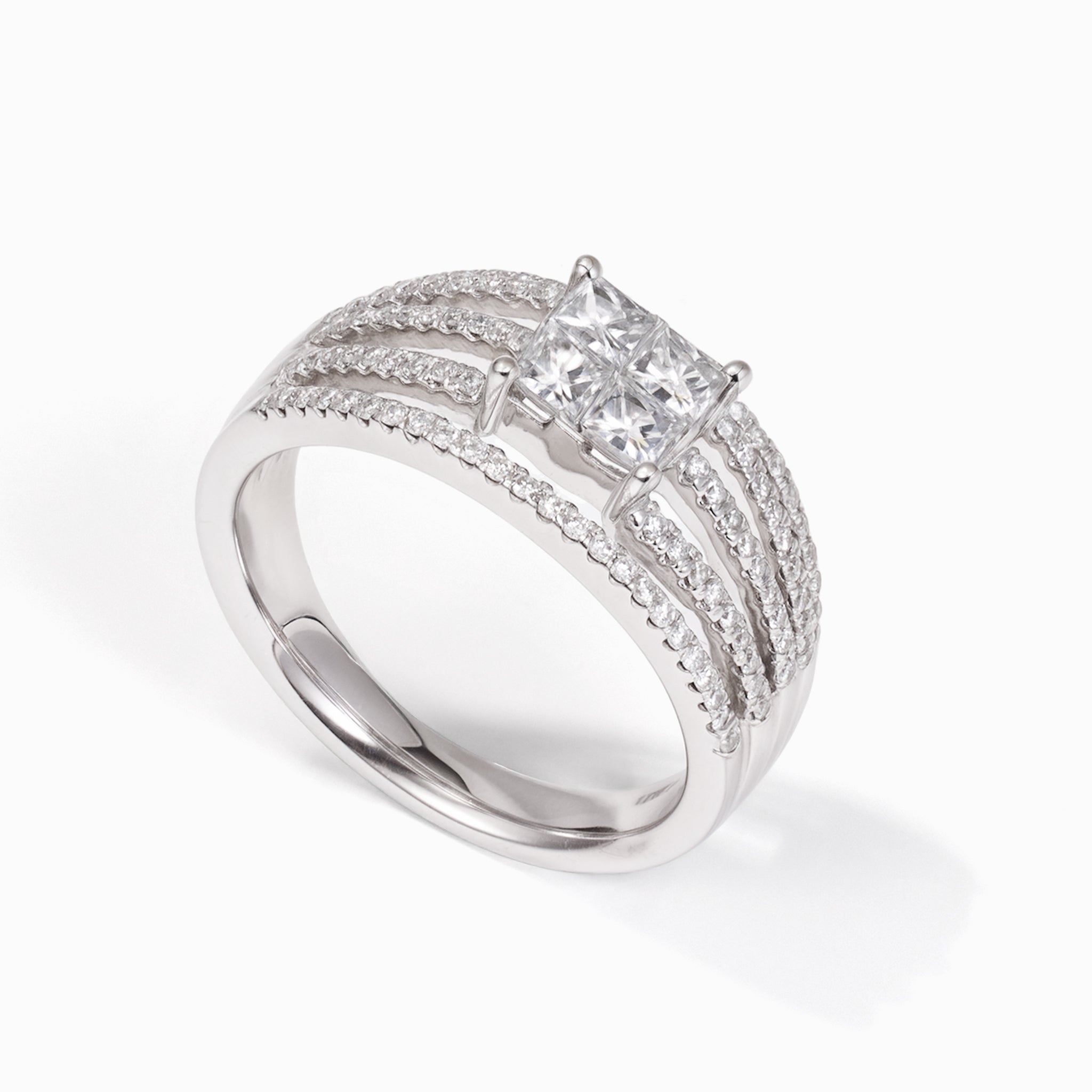 18K White Gold Princess - Cut Quad Diamond Halo Engagement Ring - Jewelry And Store