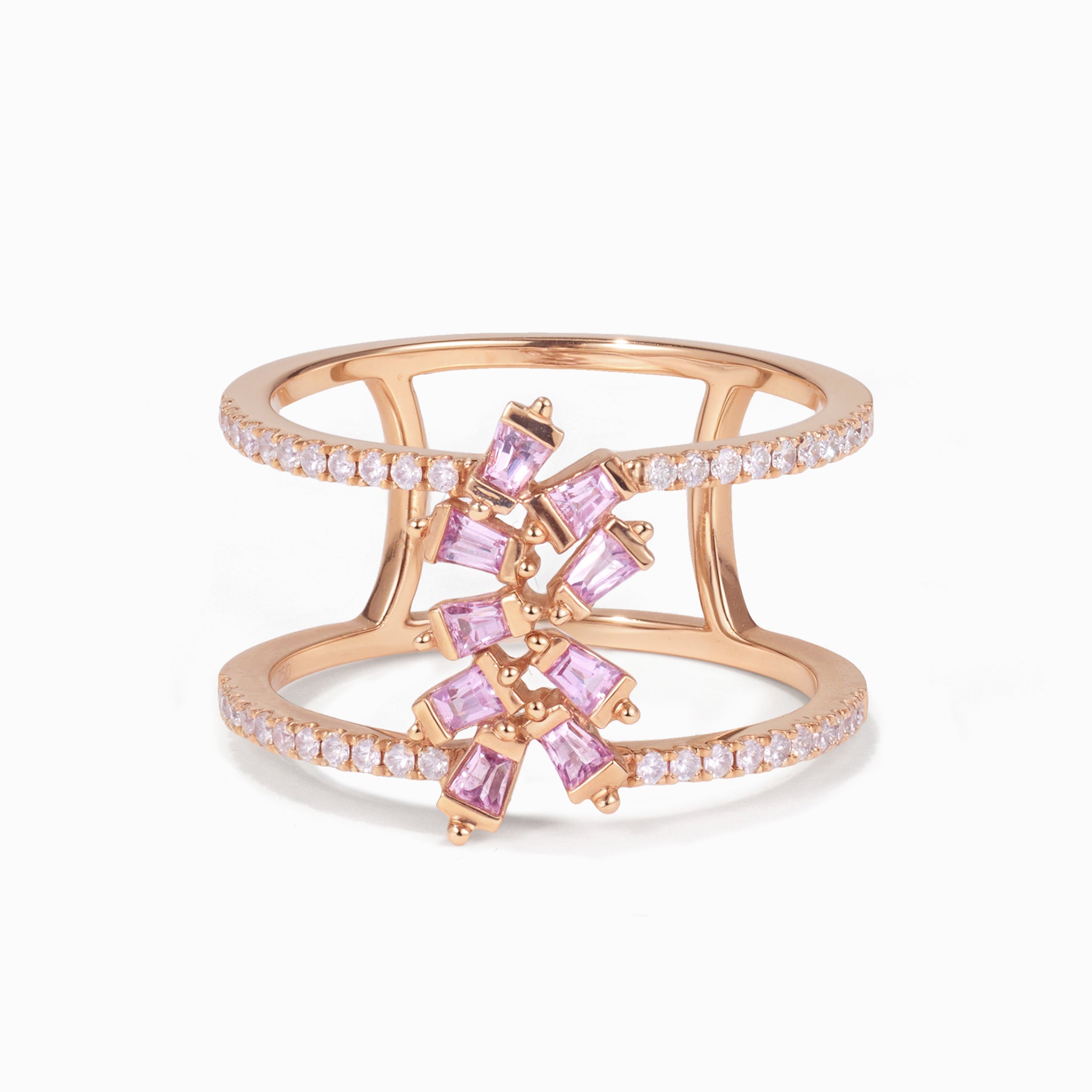 18K Gold Natural Diamond & Pink Sapphire Double Row Ring - Jewelry And Store