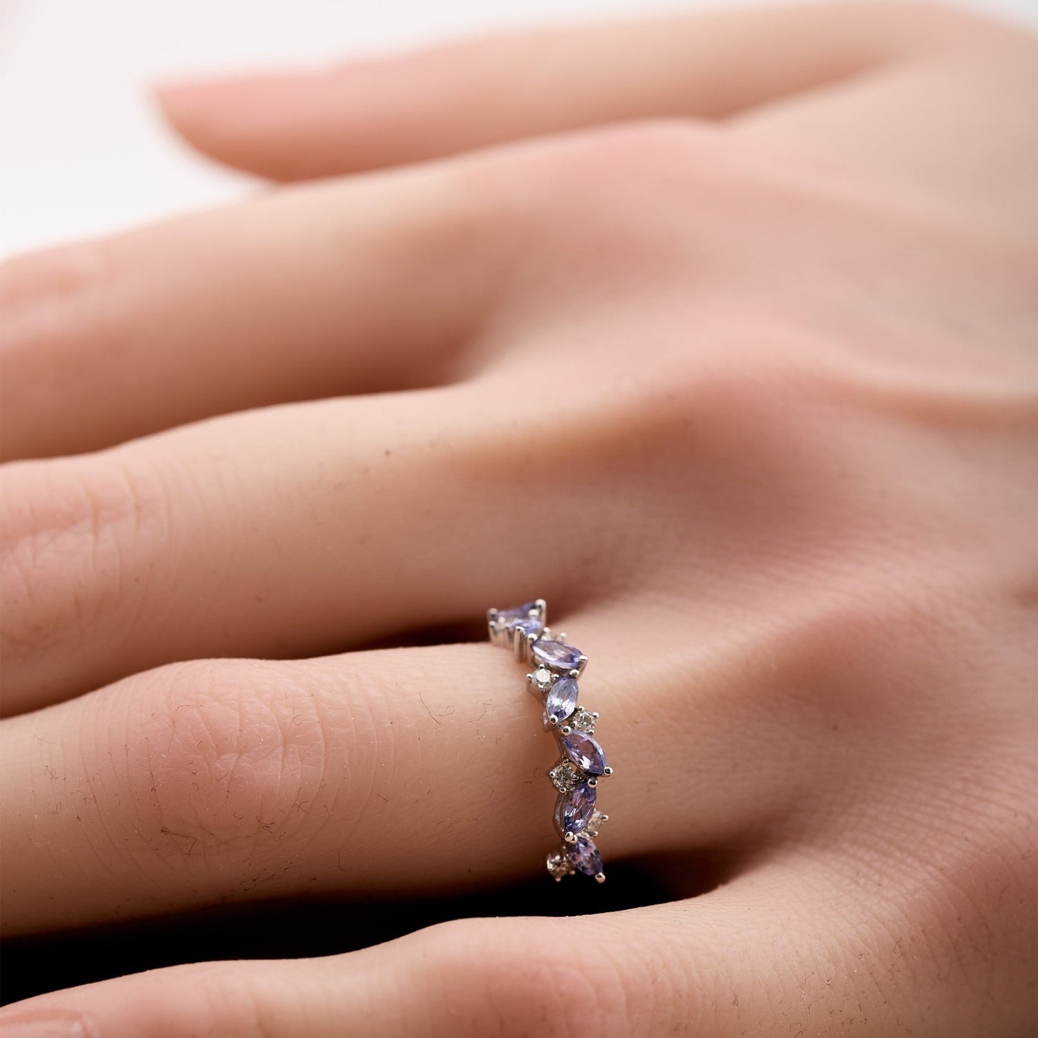 18K Gold Marquise Floral Ring with Natural Diamond and Lavender - Jewelry And Store