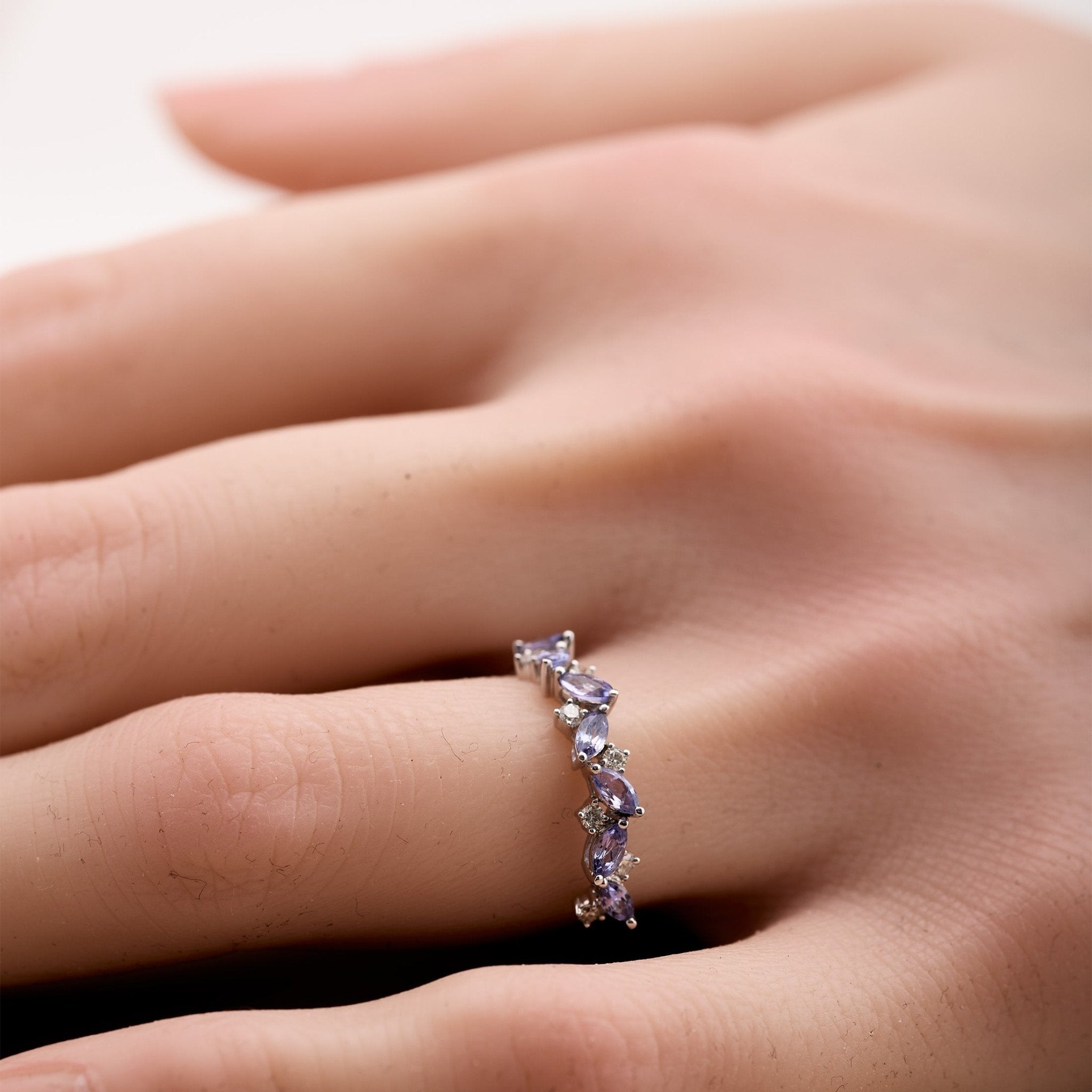 18K Gold Marquise Floral Ring with Natural Diamond and Lavender - Jewelry And Store