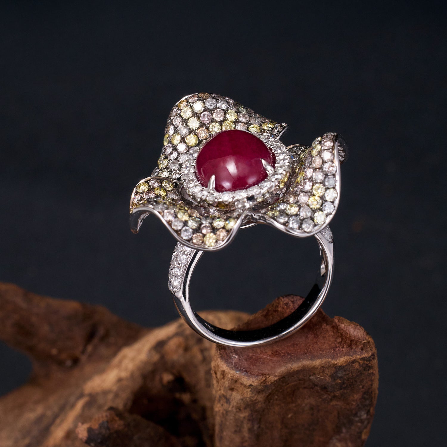 18K White Gold Flower Ring with Oval Ruby and Color Diamonds - Jewelry And Store