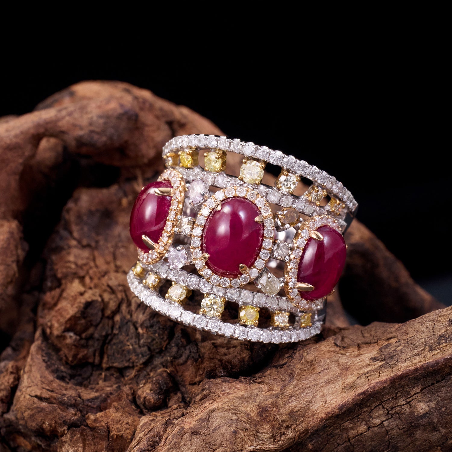 18K White Gold Ring with Natural Oval Rubies and Color Diamonds - Jewelry And Store