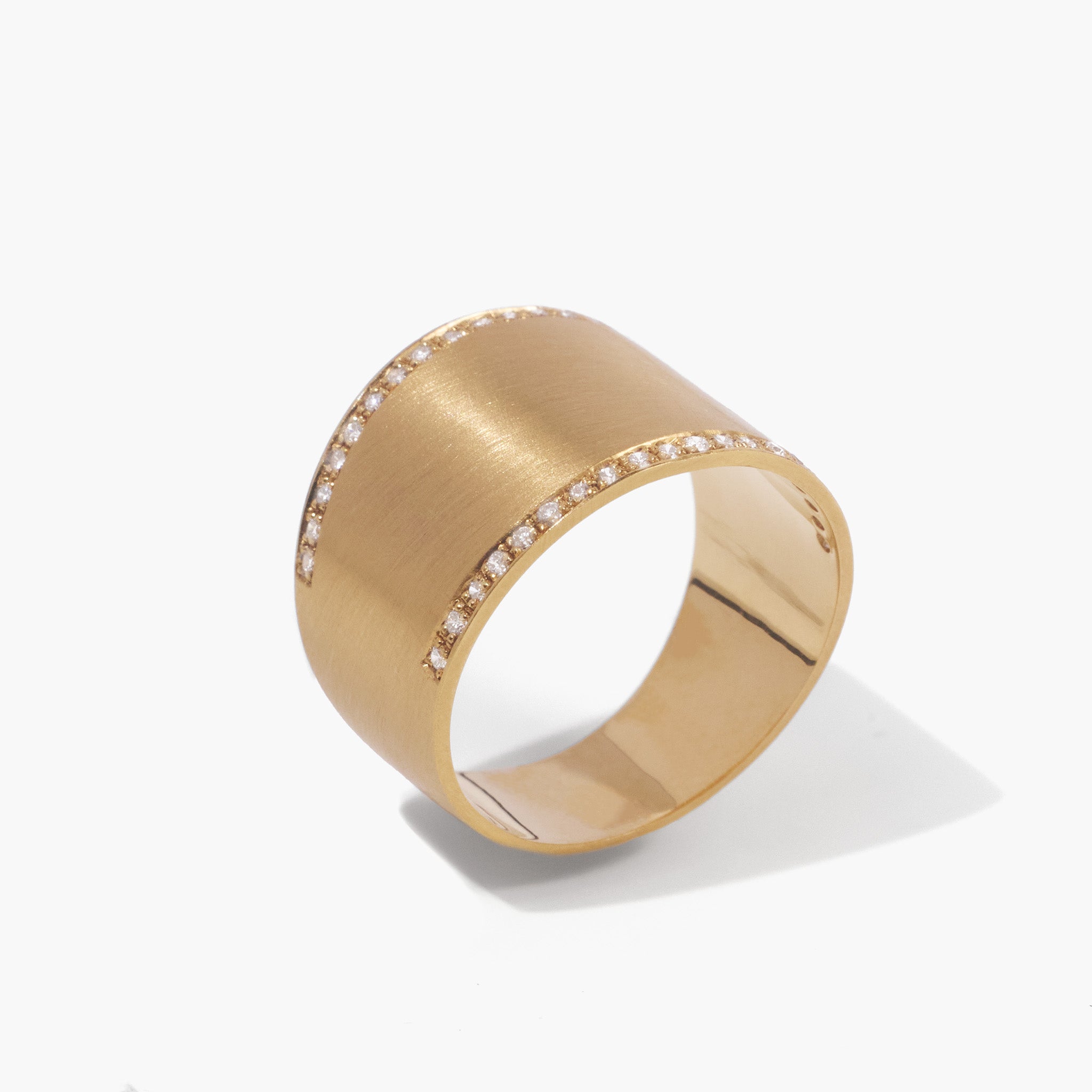 14K Matte Gold Wide Band Ring with Handcrafted Brush Finish and Natural Diamonds - JewelryAndStore