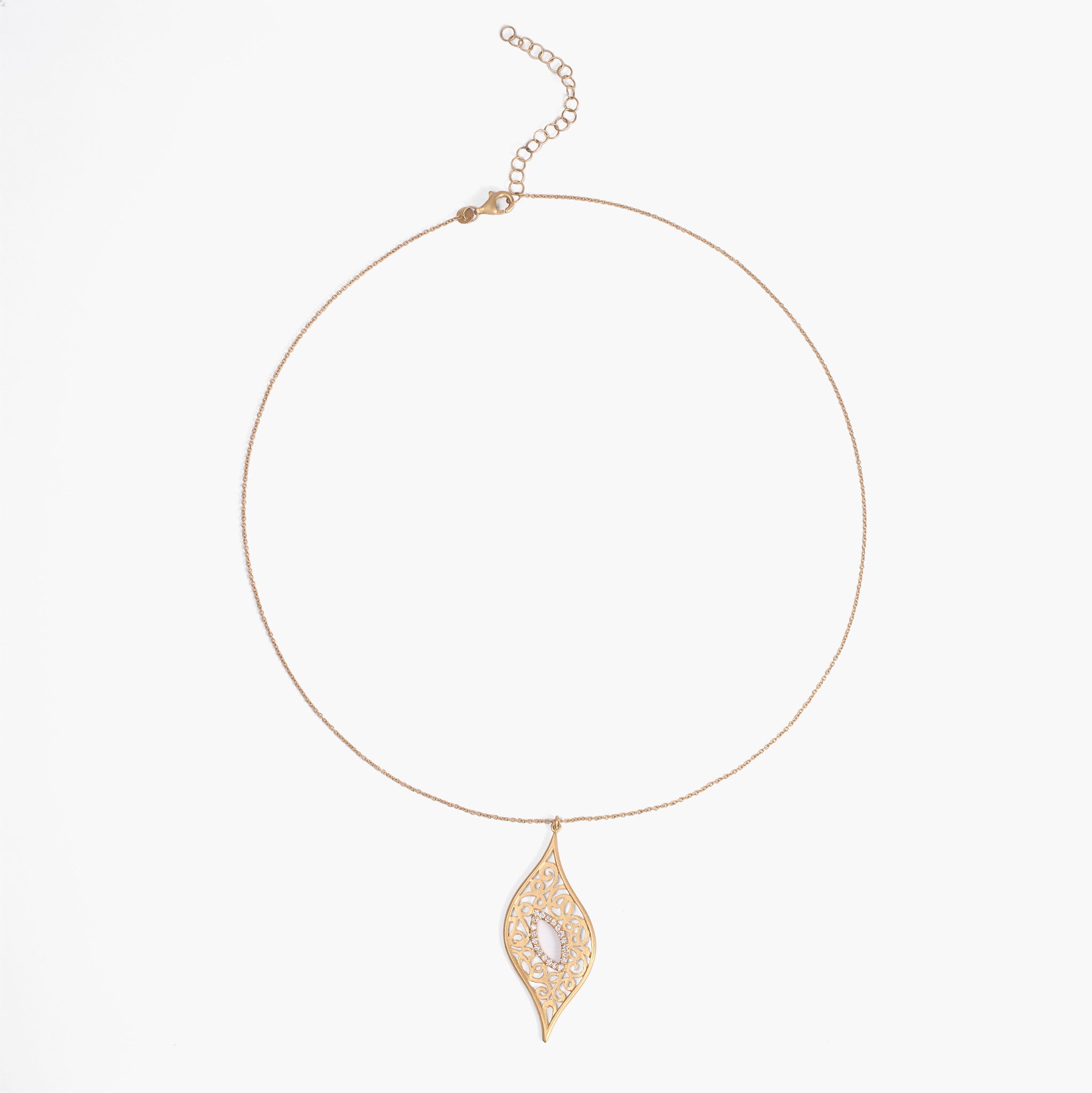 14K Matte Gold Leaf - Shaped Filigree Pendant with Natural Diamonds - Jewelry And Store
