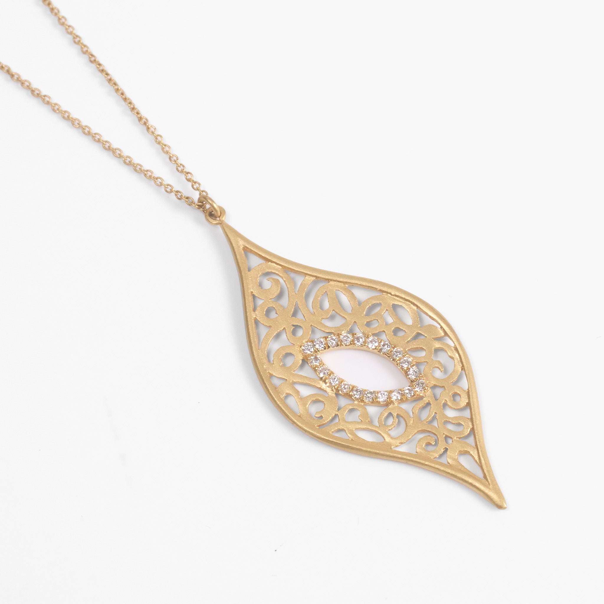 14K Matte Gold Leaf - Shaped Filigree Pendant with Natural Diamonds - Jewelry And Store