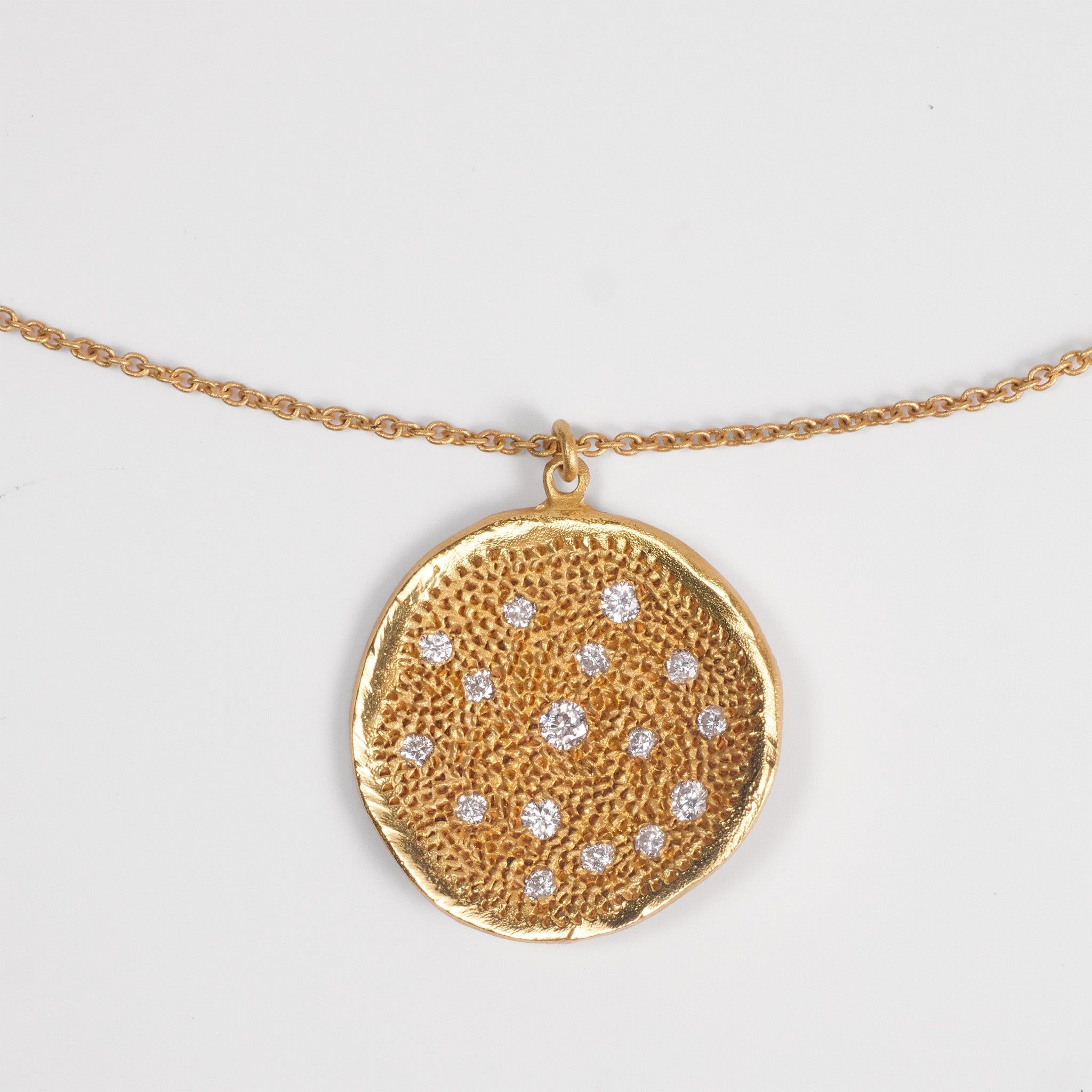 14K Matte Gold Round Pendant with Natural Diamonds - Jewelry And Store