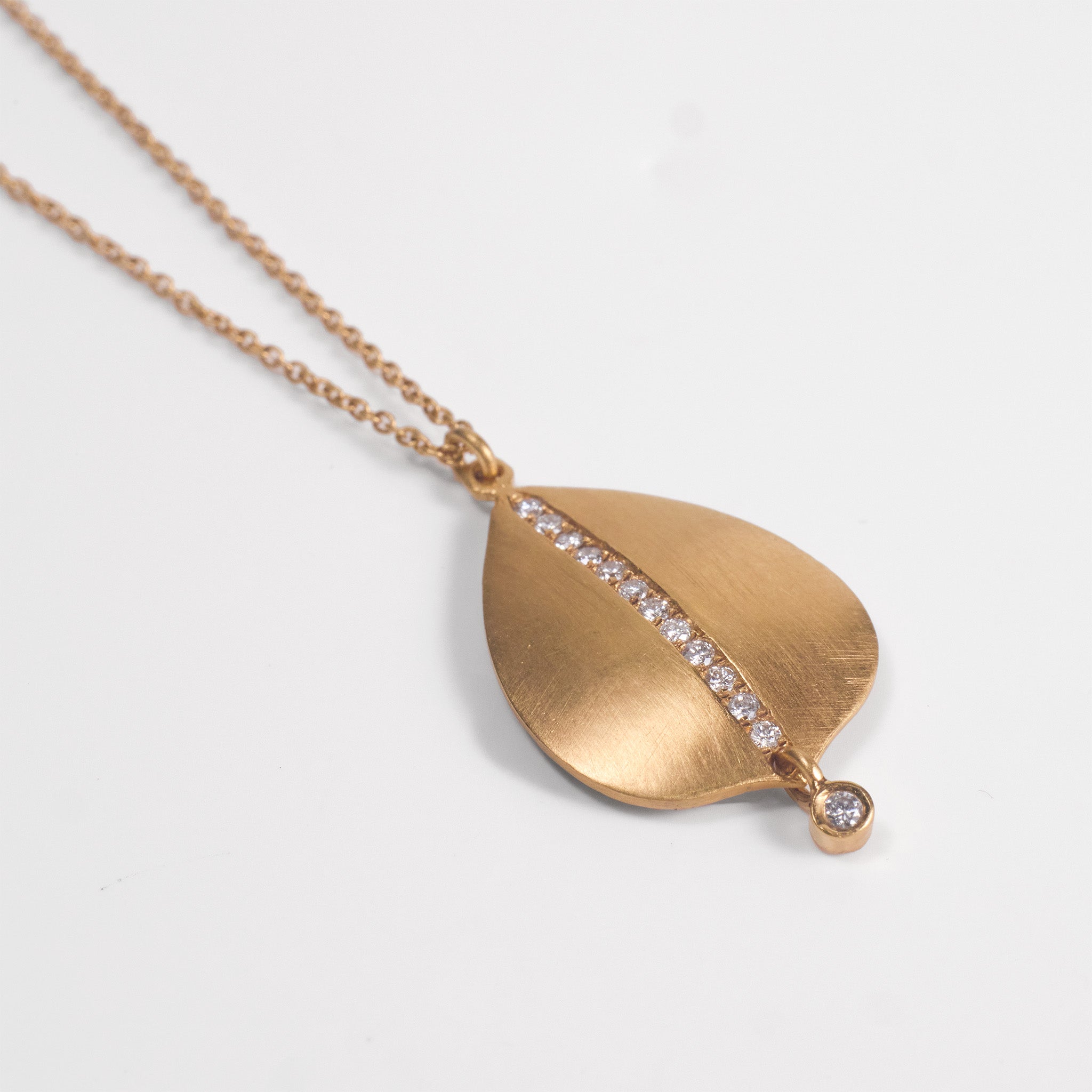 14K Solid Gold Leaf Pendant Necklace with Natural Diamonds and Handcrafted Brushed Finish - Jewelry And Store