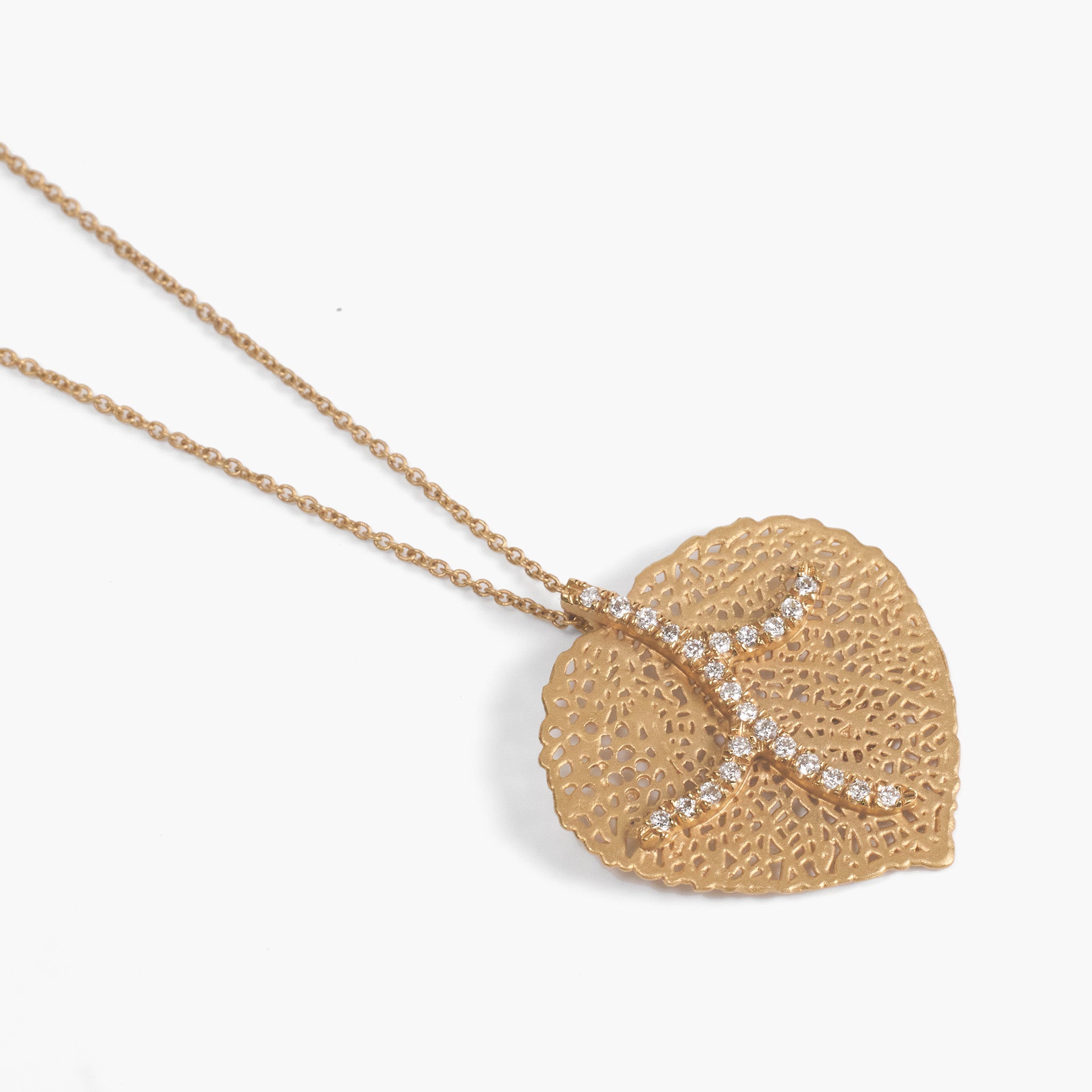 14K Matte Gold Filigree Leaf Pendant with Natural Diamonds - Jewelry And Store