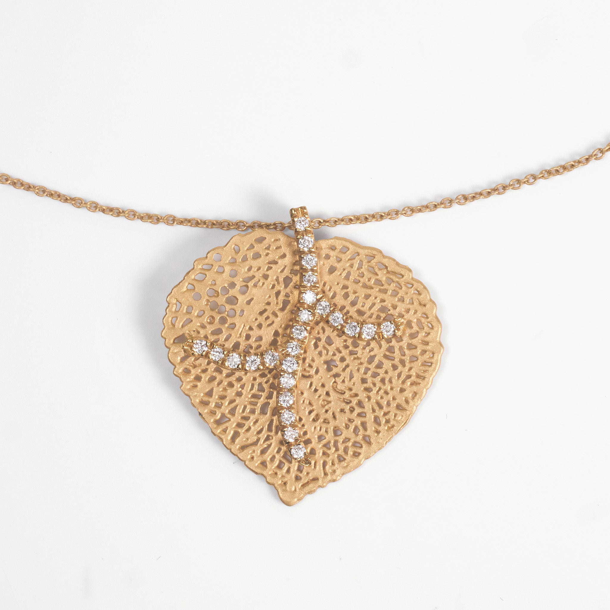 14K Matte Gold Filigree Leaf Pendant with Natural Diamonds - Jewelry And Store