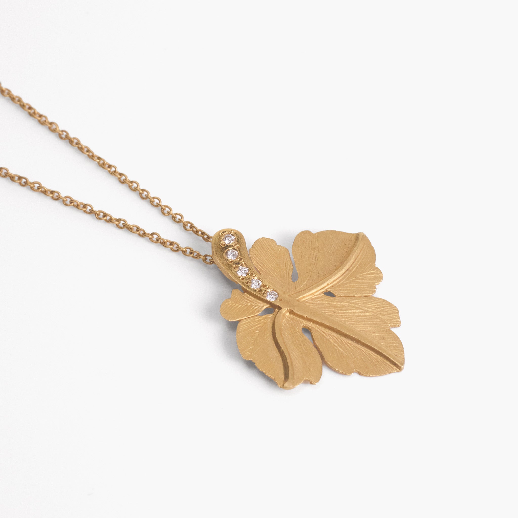 Nature - Inspired 14K Matte Gold Leaf Pendant with Natural Diamonds - Jewelry And Store