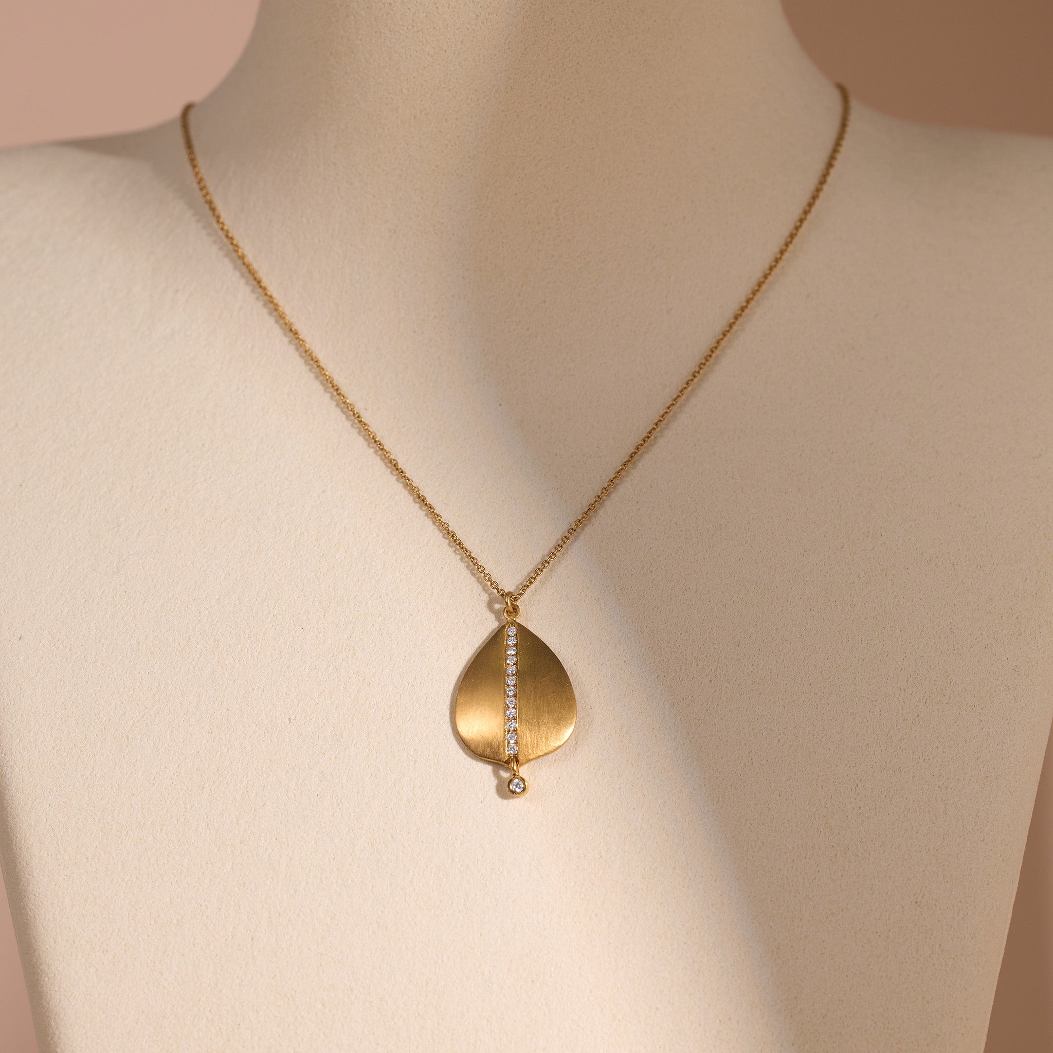 14K Solid Gold Leaf Pendant Necklace with Natural Diamonds and Handcrafted Brushed Finish - Jewelry And Store
