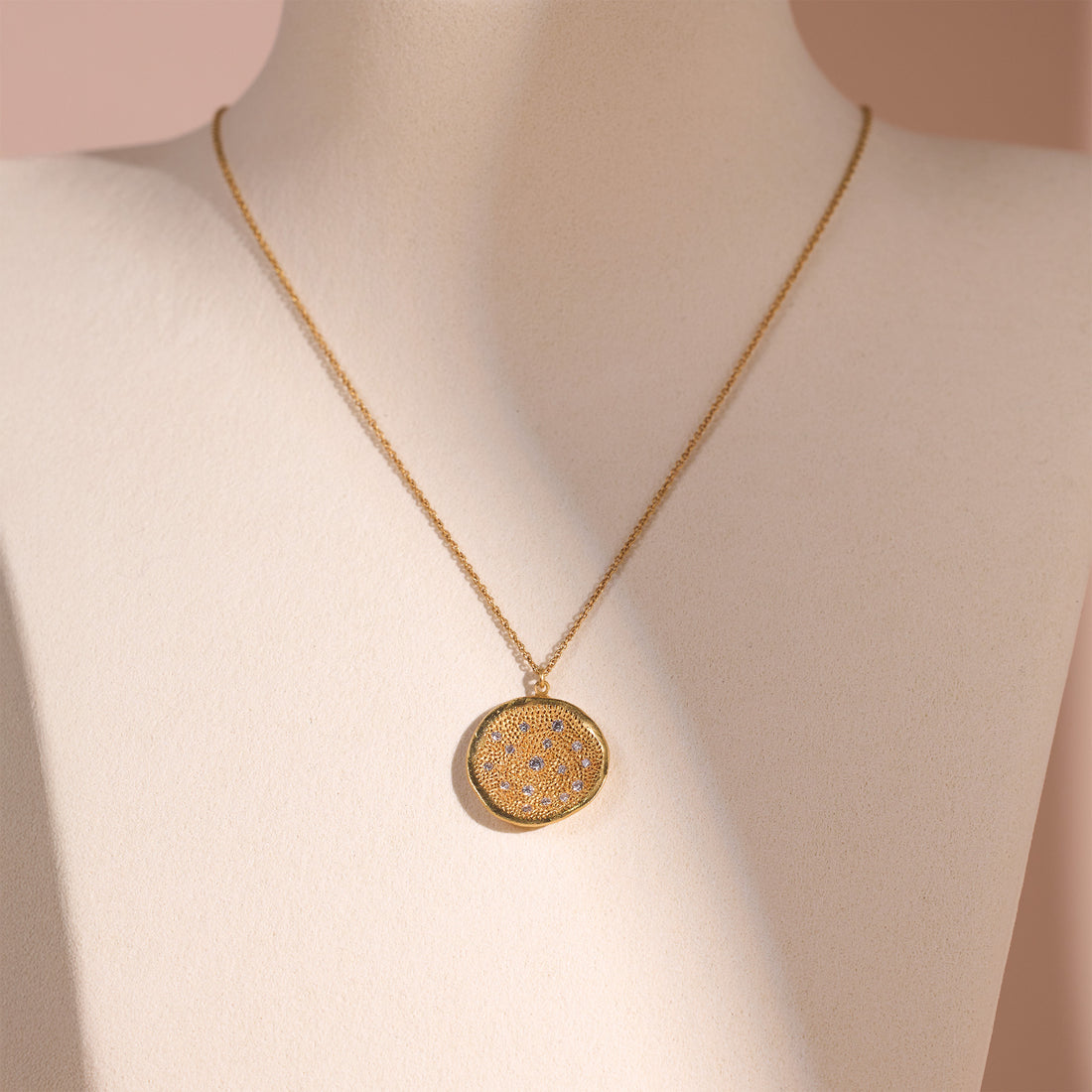 14K Matte Gold Round Pendant with Natural Diamonds - Jewelry And Store