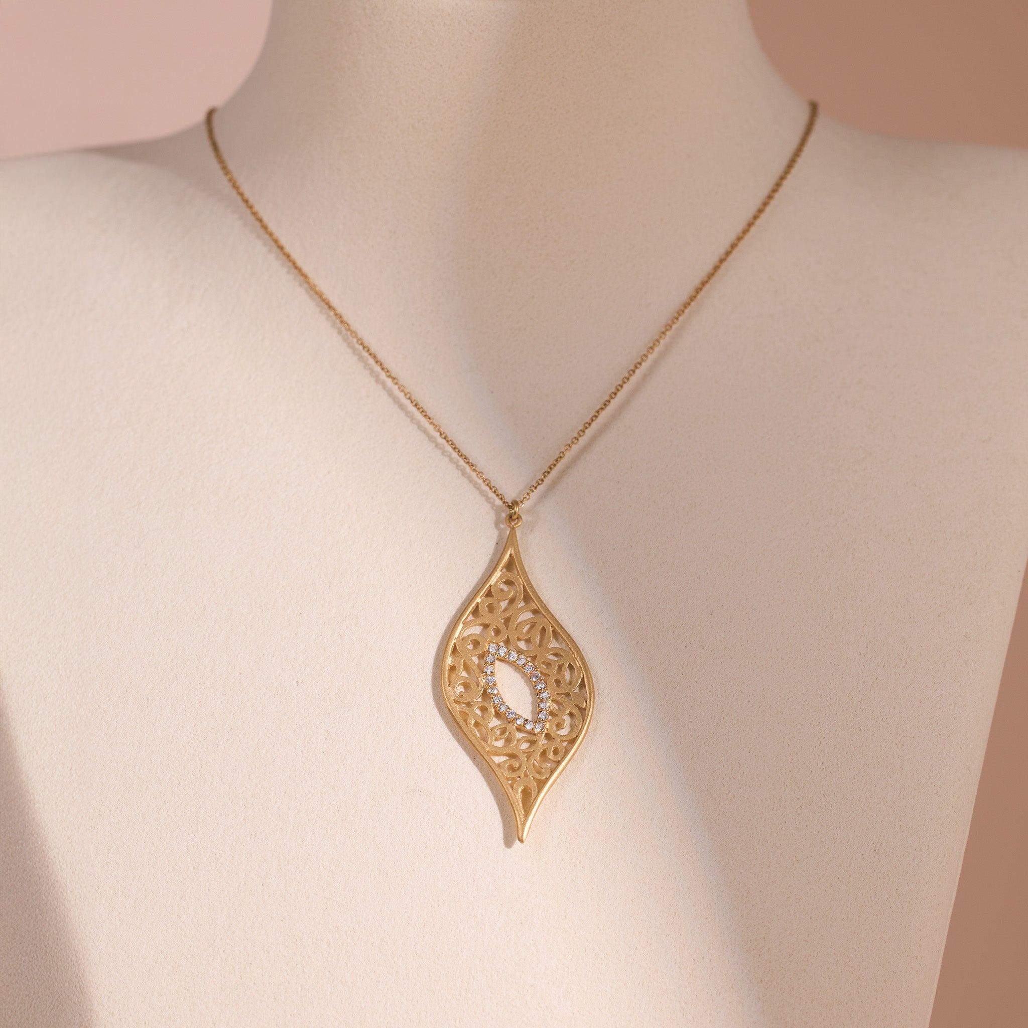 14K Matte Gold Leaf - Shaped Filigree Pendant with Natural Diamonds - Jewelry And Store