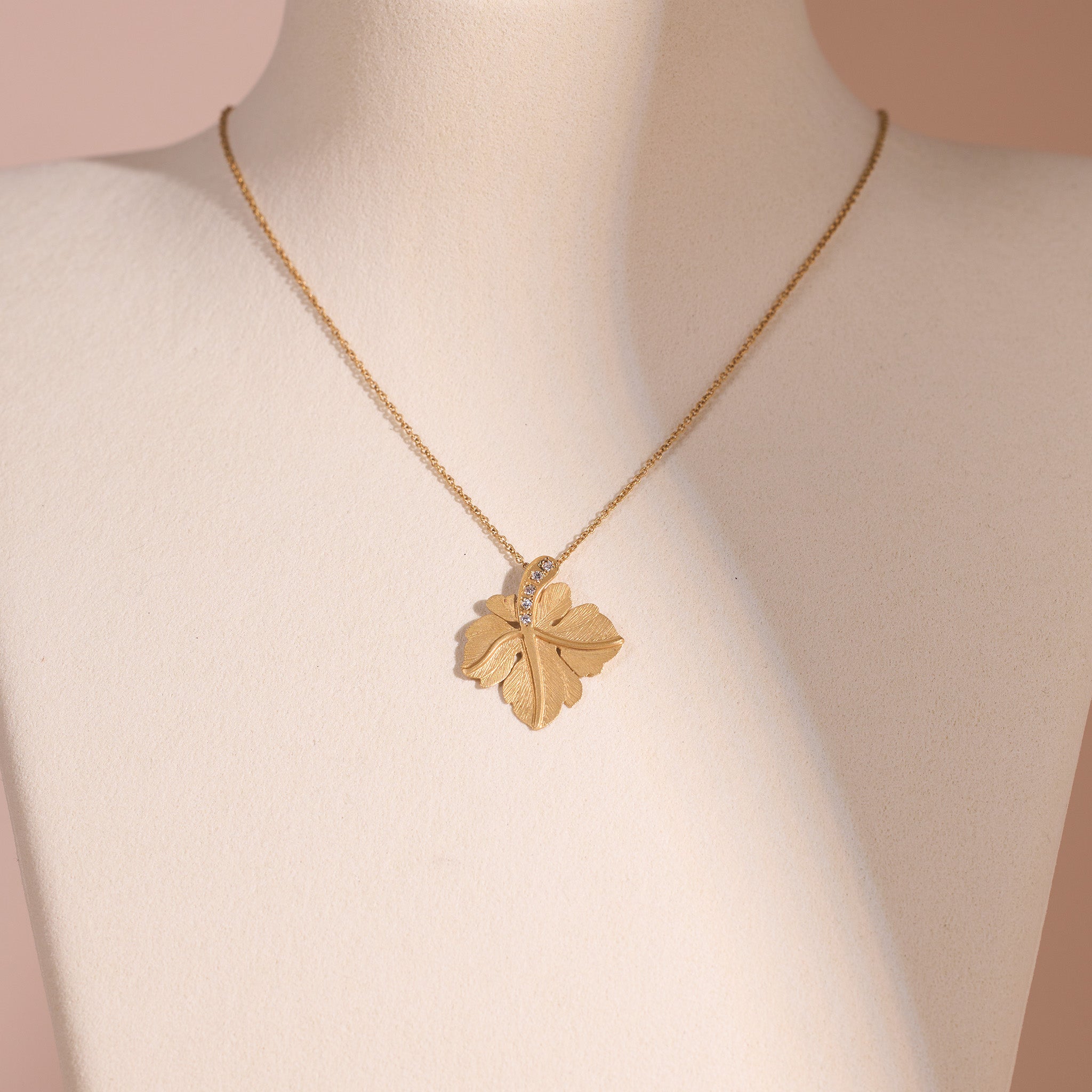 Nature - Inspired 14K Matte Gold Leaf Pendant with Natural Diamonds - Jewelry And Store