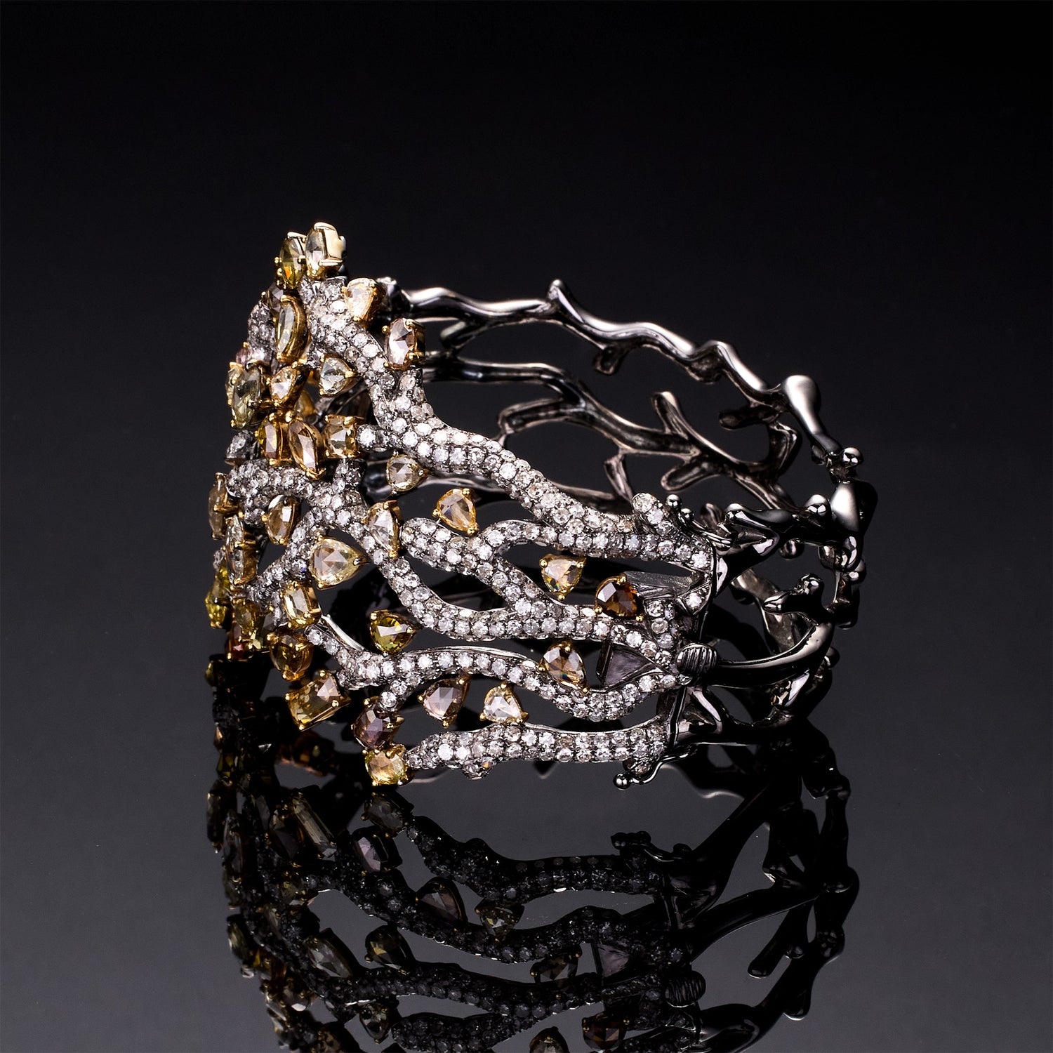 18K Black Gold Bangle with Natural White Diamonds & Color Diamonds - Jewelry And Store