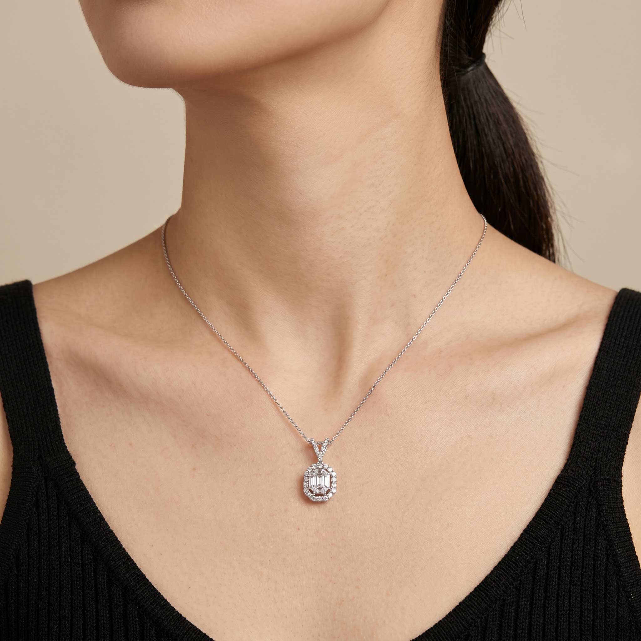 1.17ct Natural Diamond Emerald-Cut Illusion Pendant in 18K White Gold - JewelryAndStore