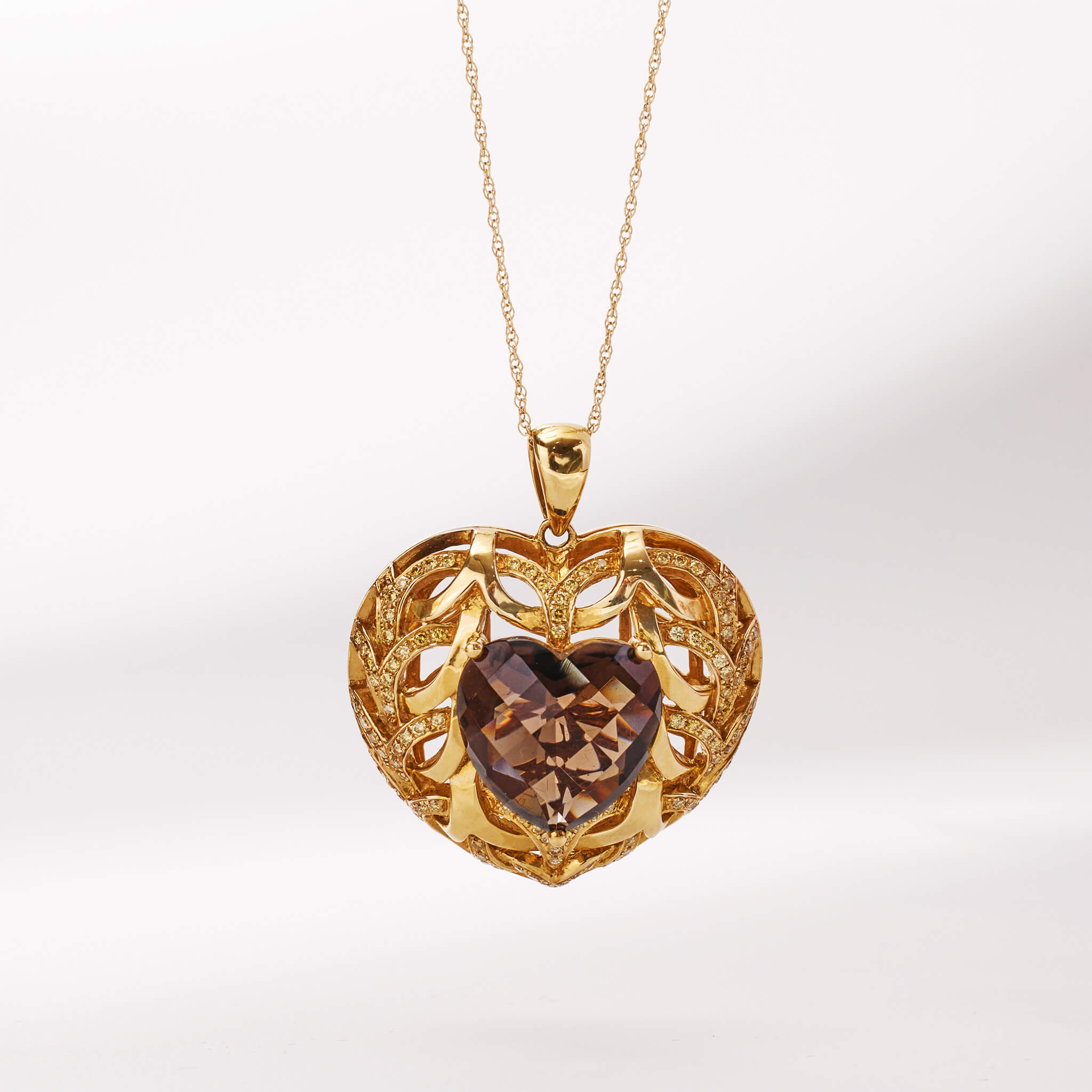 18K Gold Smoky Quartz and Diamond Heart Pendant - Jewelry And Store