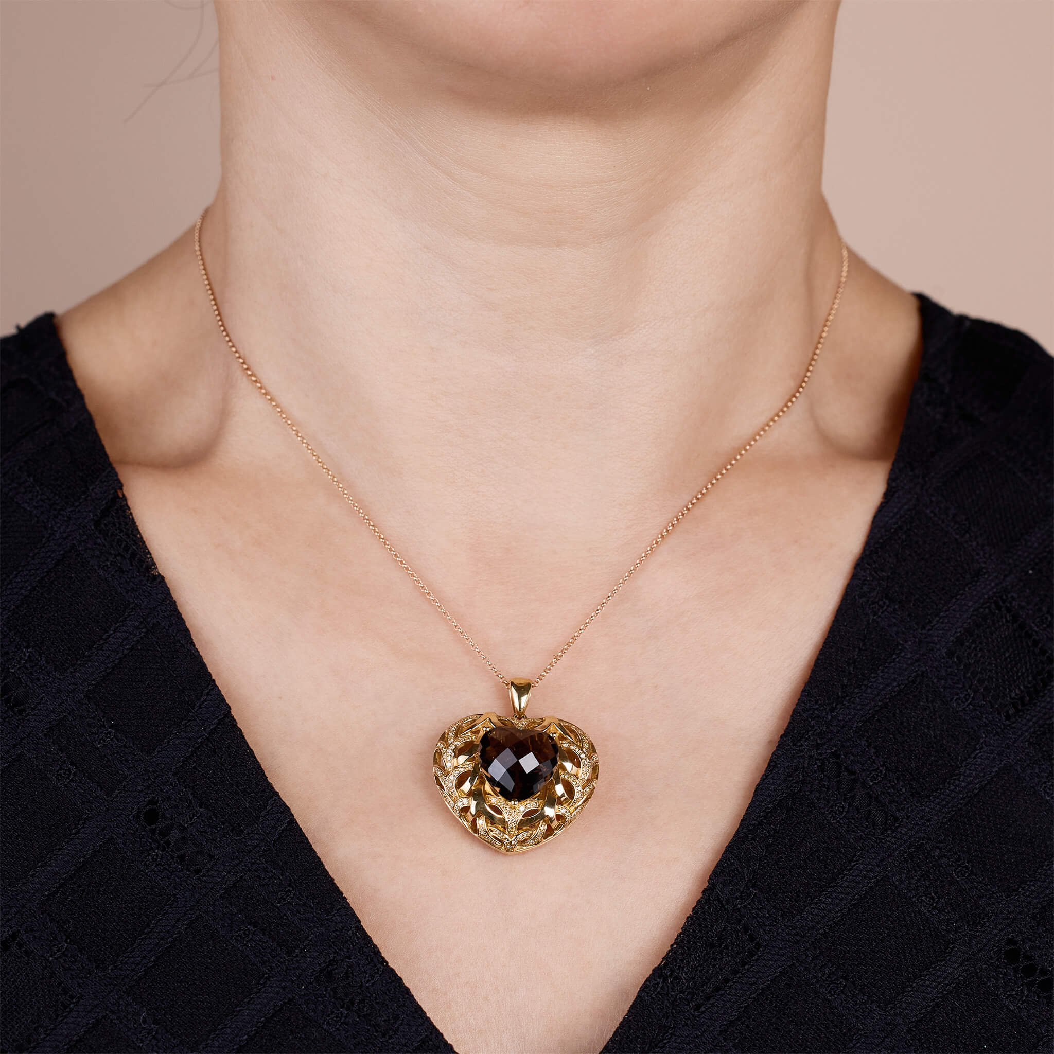 18K Gold Smoky Quartz and Diamond Heart Pendant - Jewelry And Store