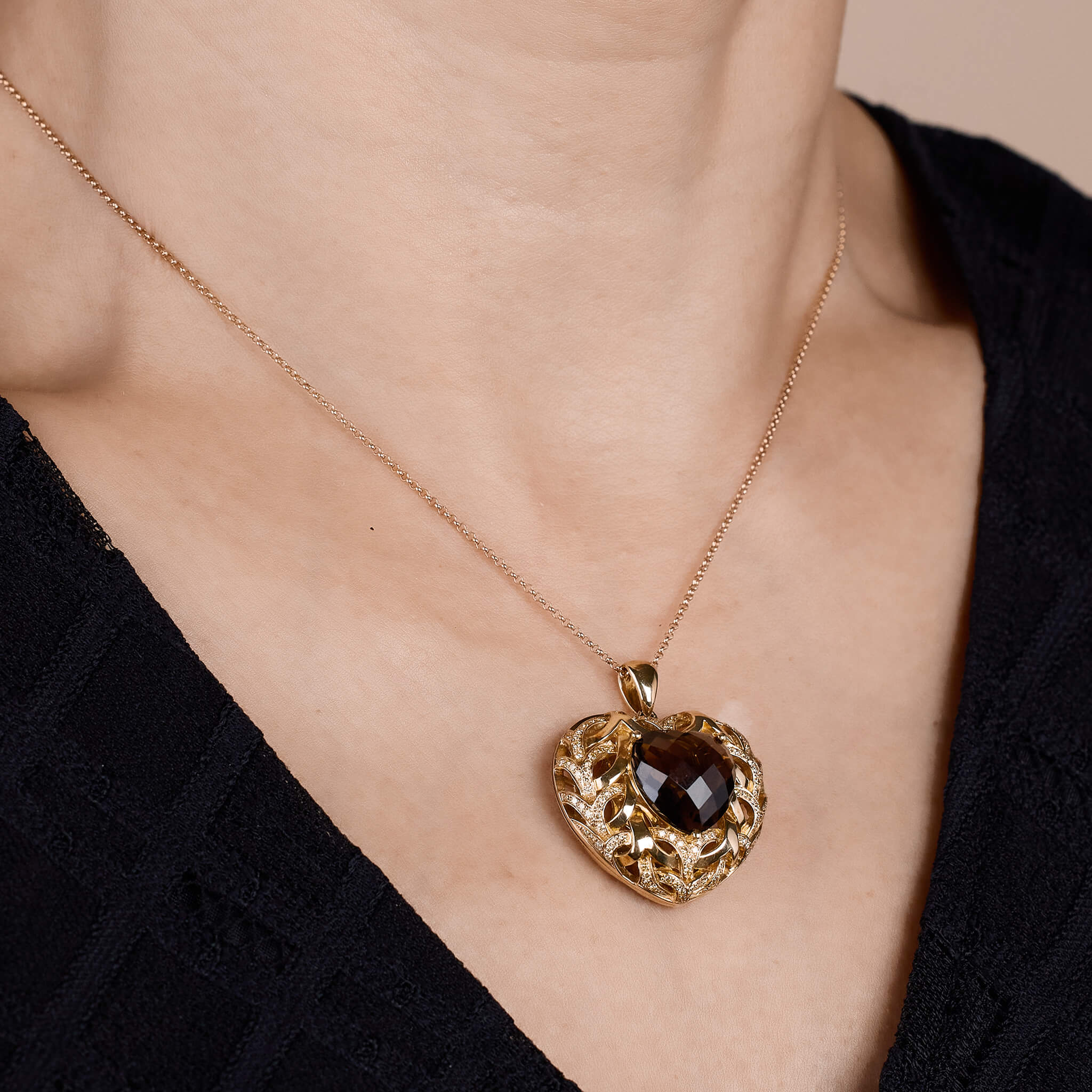 18K Gold Smoky Quartz and Diamond Heart Pendant - Jewelry And Store