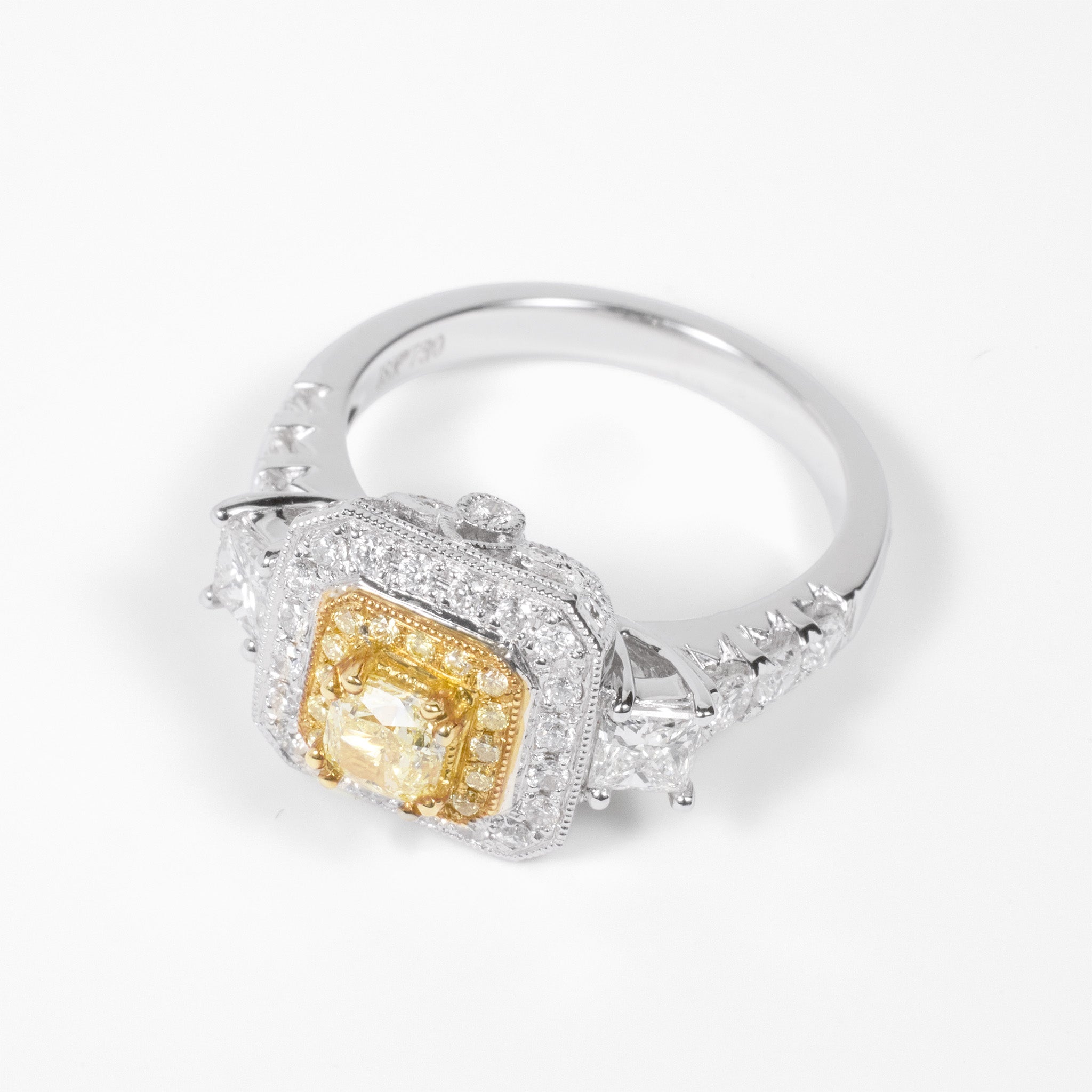 18K Gold Two - Tone Halo Ring with 1.02ct. Natural Yellow Diamond - JewelryAndStore