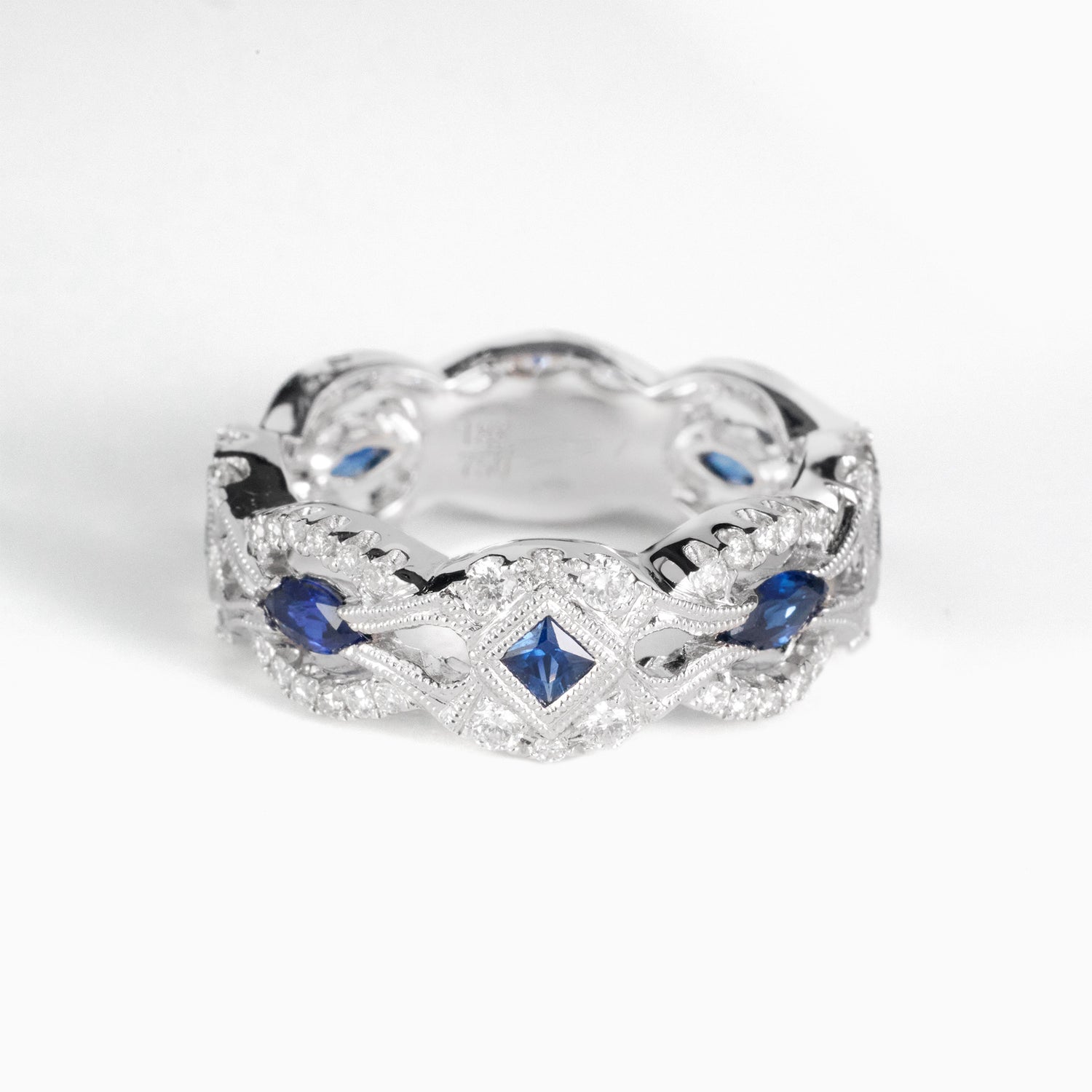 18K White Gold Royal Band with 0.85ct. Blue Sapphires and Diamonds - JewelryAndStore