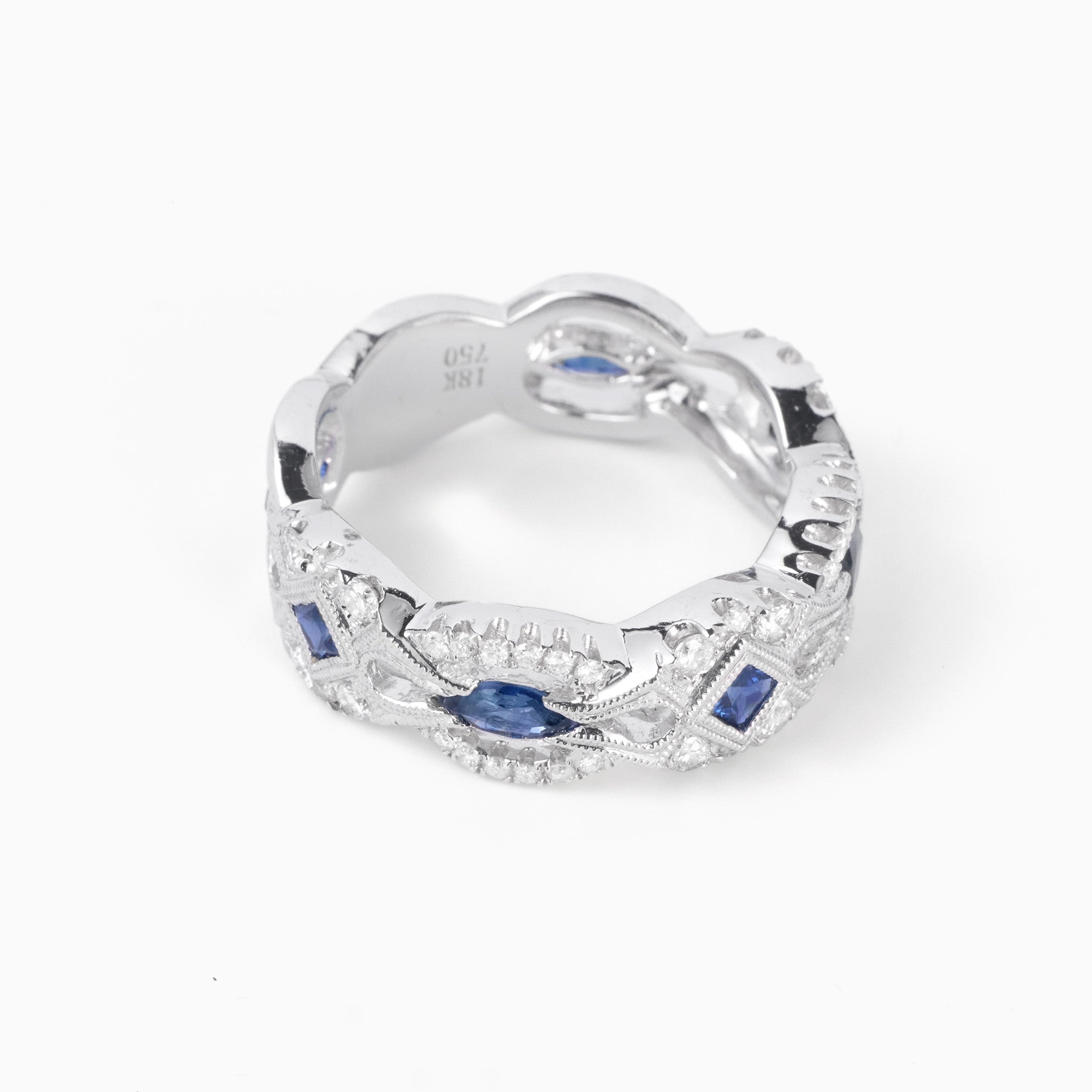 18K White Gold Royal Band with 0.85ct. Blue Sapphires and Diamonds - JewelryAndStore
