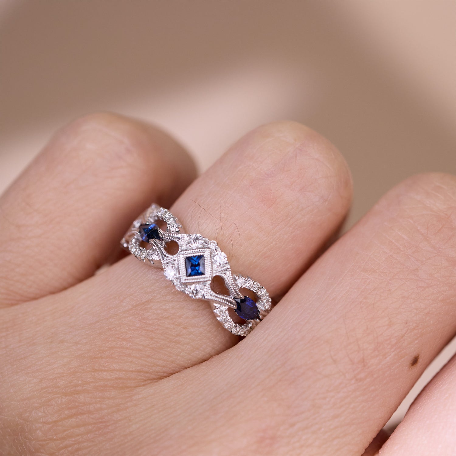 18K White Gold Royal Band with 0.85ct. Blue Sapphires and Diamonds - JewelryAndStore