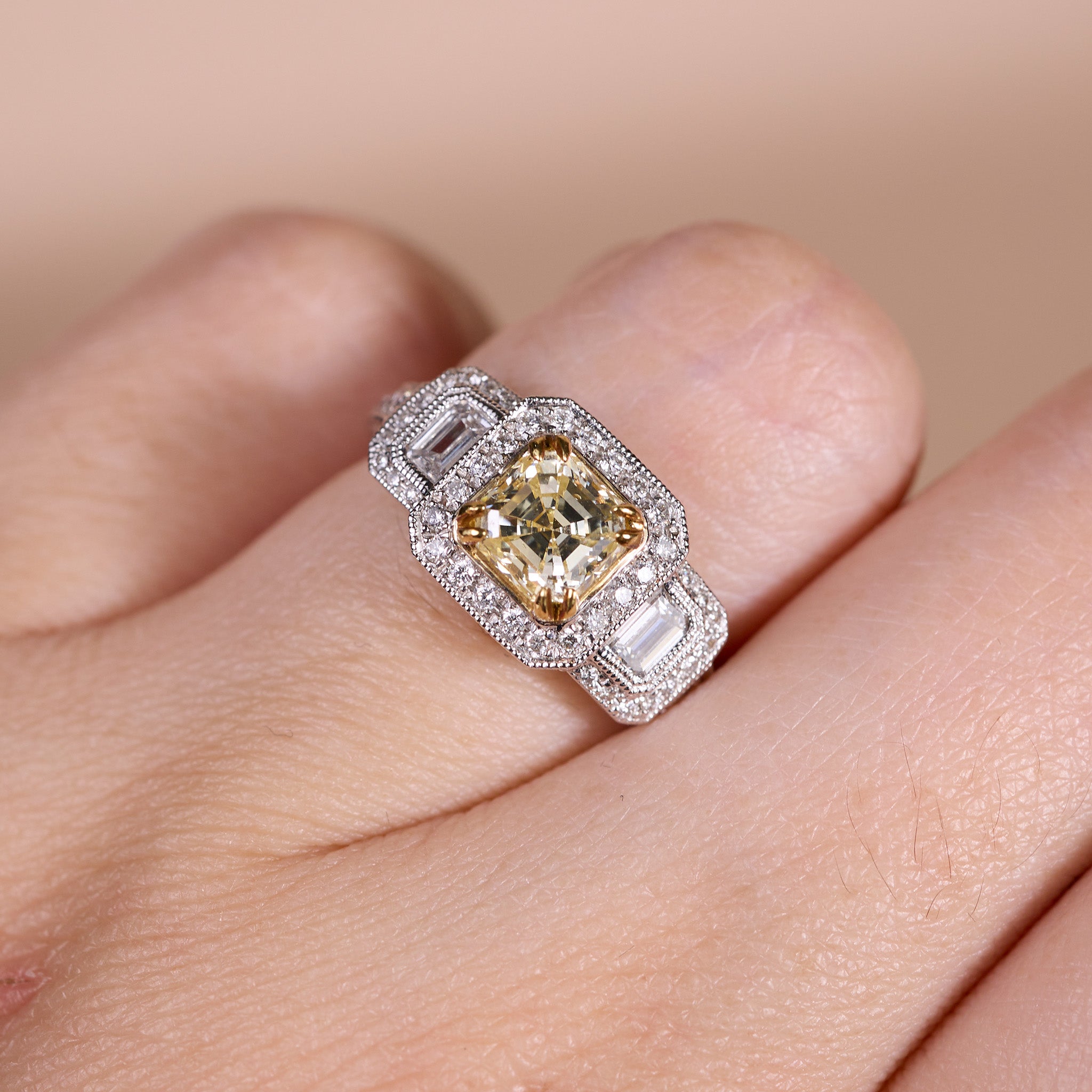 18K Gold Two - Tone Art Deco Halo Ring with 0.42ct. Natural Yellow Diamonds - JewelryAndStore