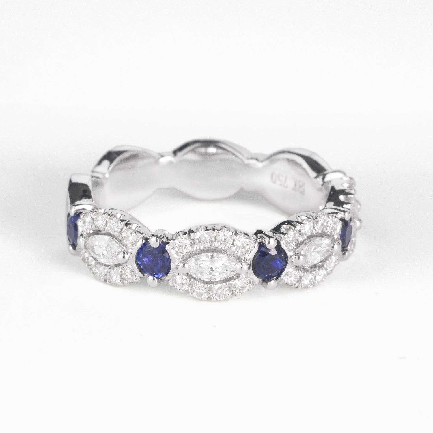 18K White Gold Vintage Band with Blue Sapphires and Marquise Diamonds - JewelryAndStore