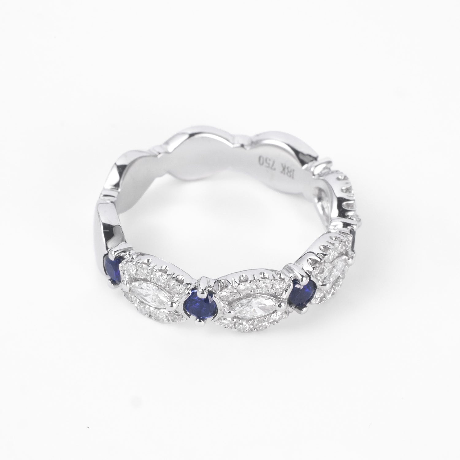 18K White Gold Vintage Band with Blue Sapphires and Marquise Diamonds - JewelryAndStore
