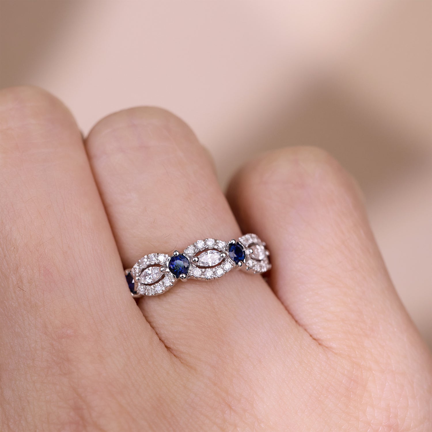 18K White Gold Vintage Band with Blue Sapphires and Marquise Diamonds - JewelryAndStore