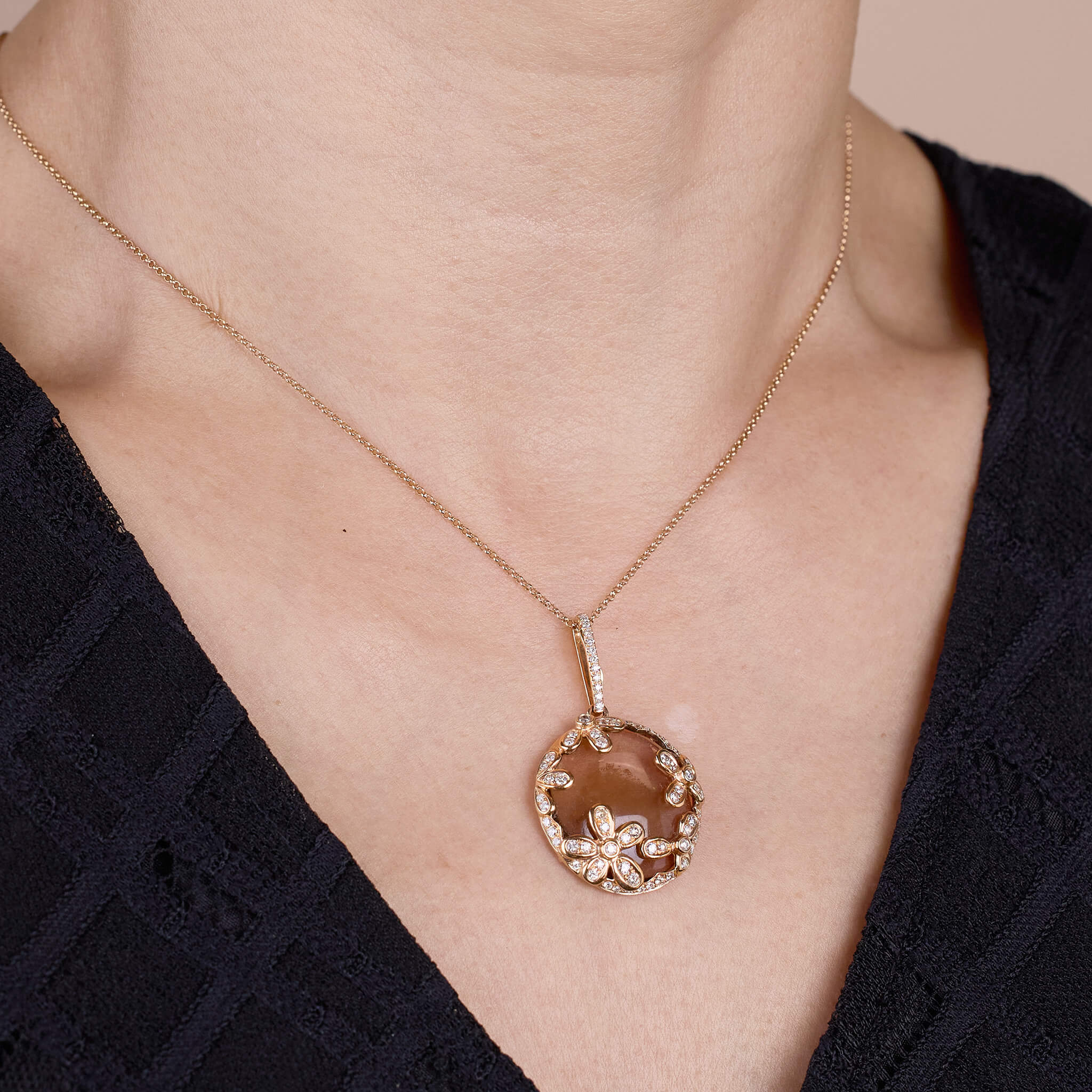 18K Gold Smoky Quartz and Diamond Pendant - Jewelry And Store