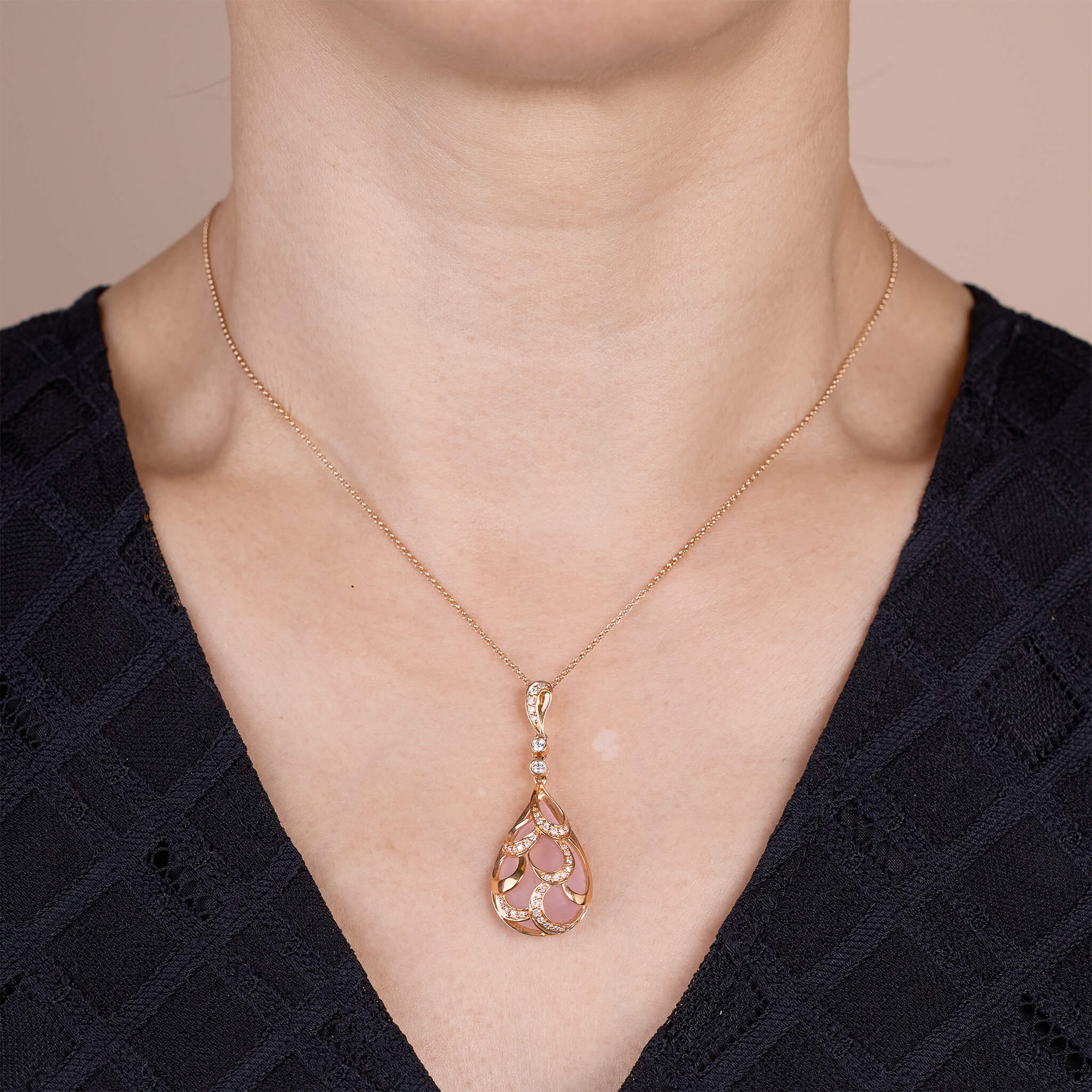 18K Gold Rose Quartz and Diamond Pendant - Jewelry And Store