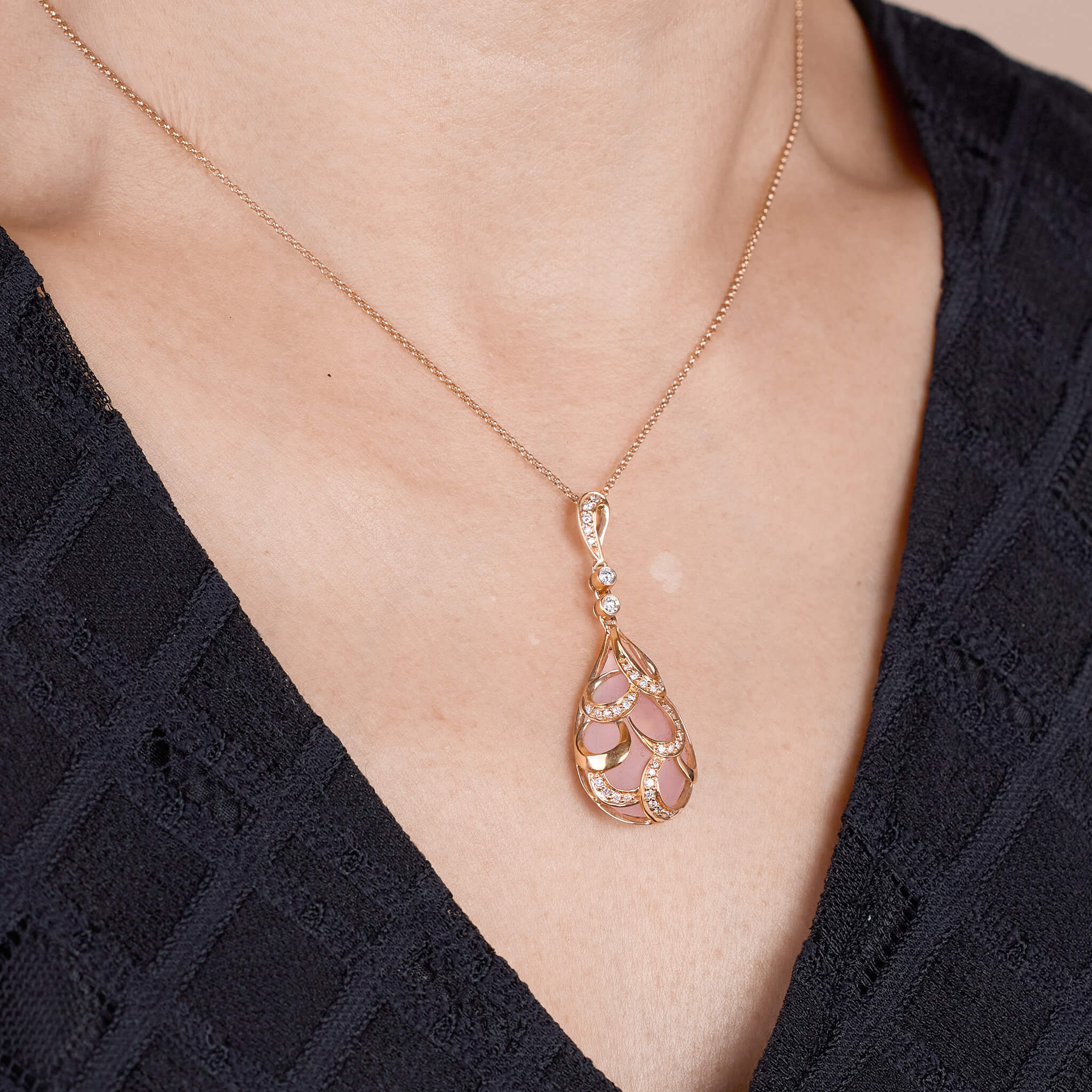 18K Gold Rose Quartz and Diamond Pendant - Jewelry And Store