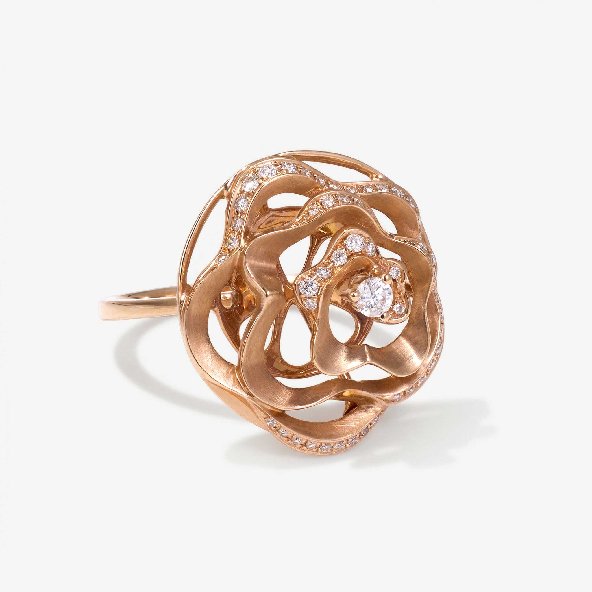 Natural Diamond Openwork Floral Ring in Brushed 18K Gold - JewelryAndStore