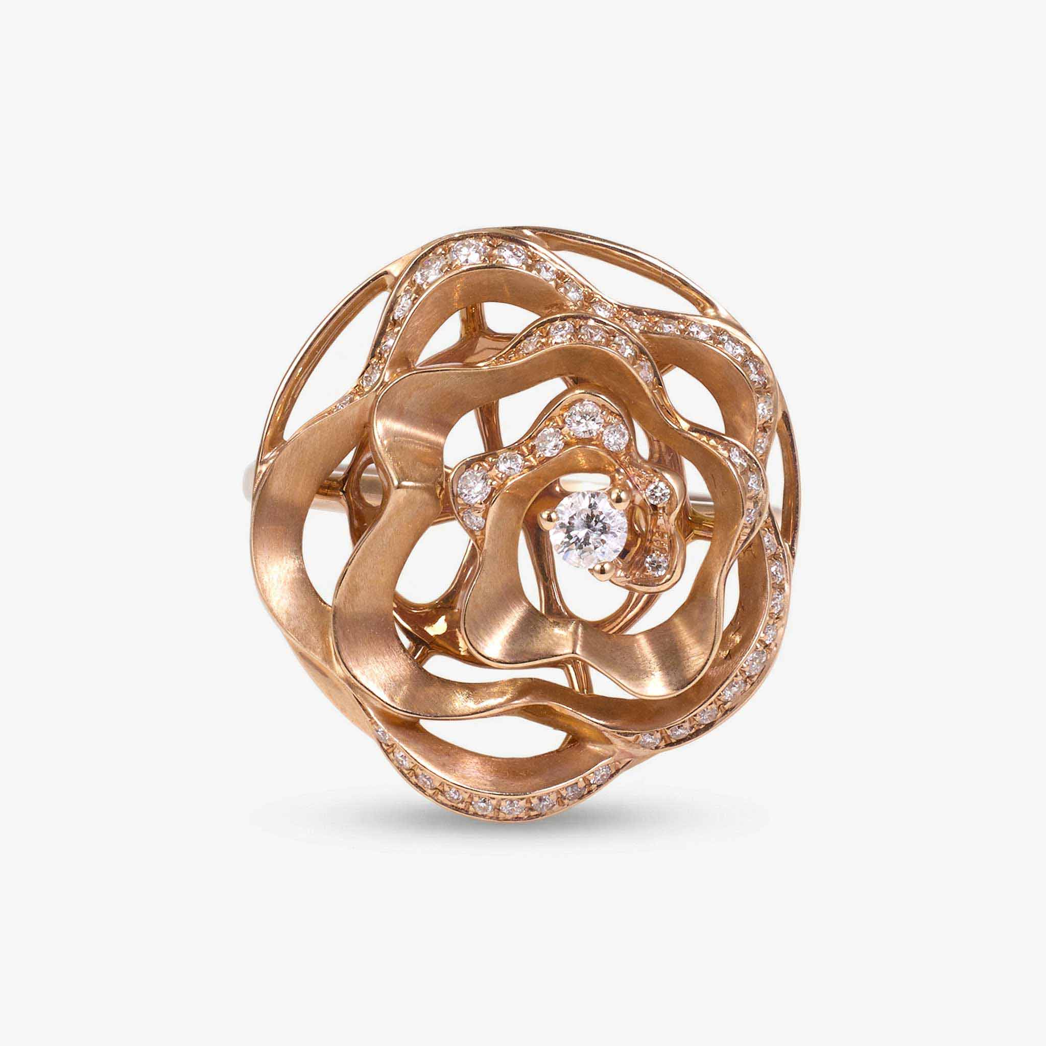 Natural Diamond Openwork Floral Ring in Brushed 18K Gold - JewelryAndStore