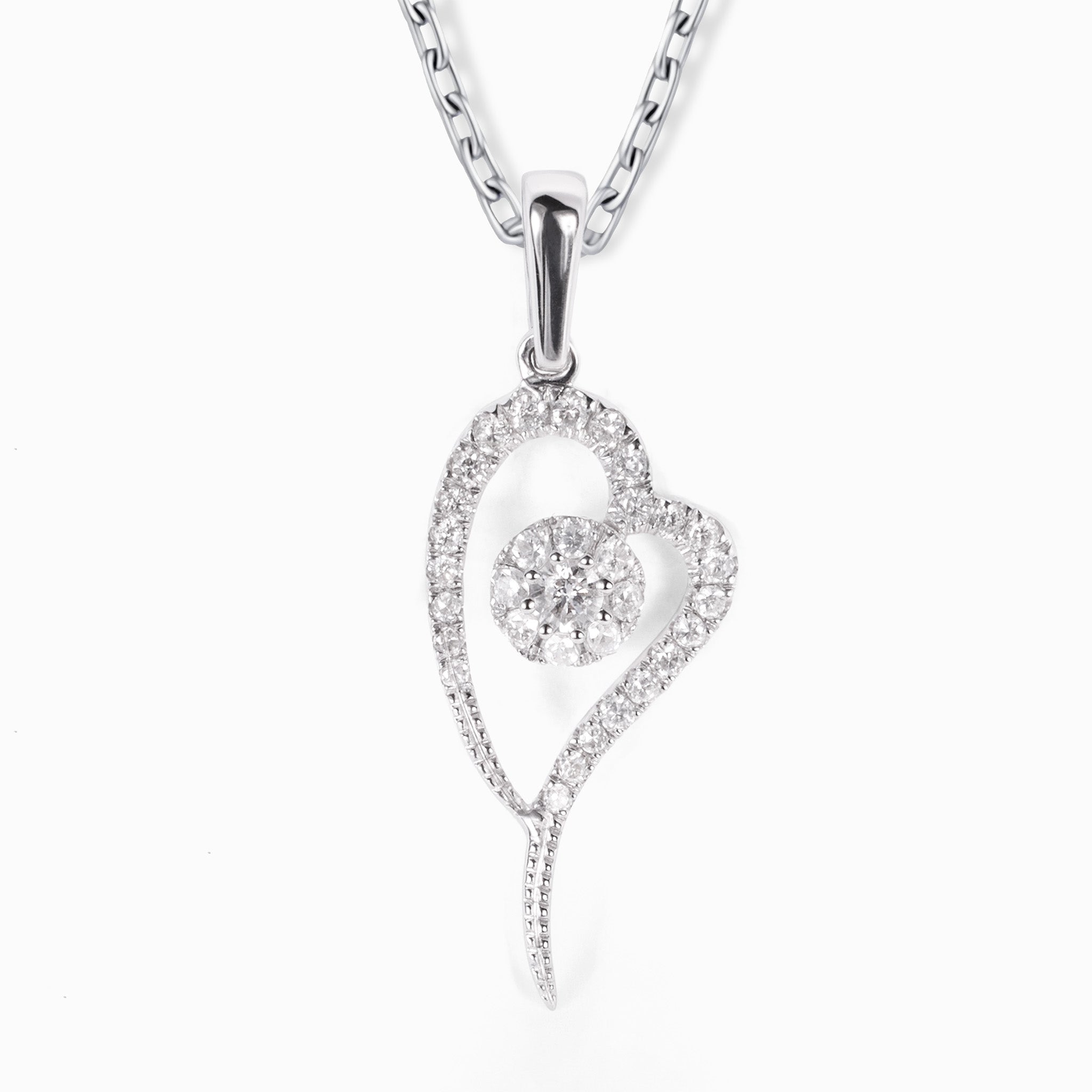 18K White Gold Heart Pendant with Natural Diamonds - JewelryAndStore