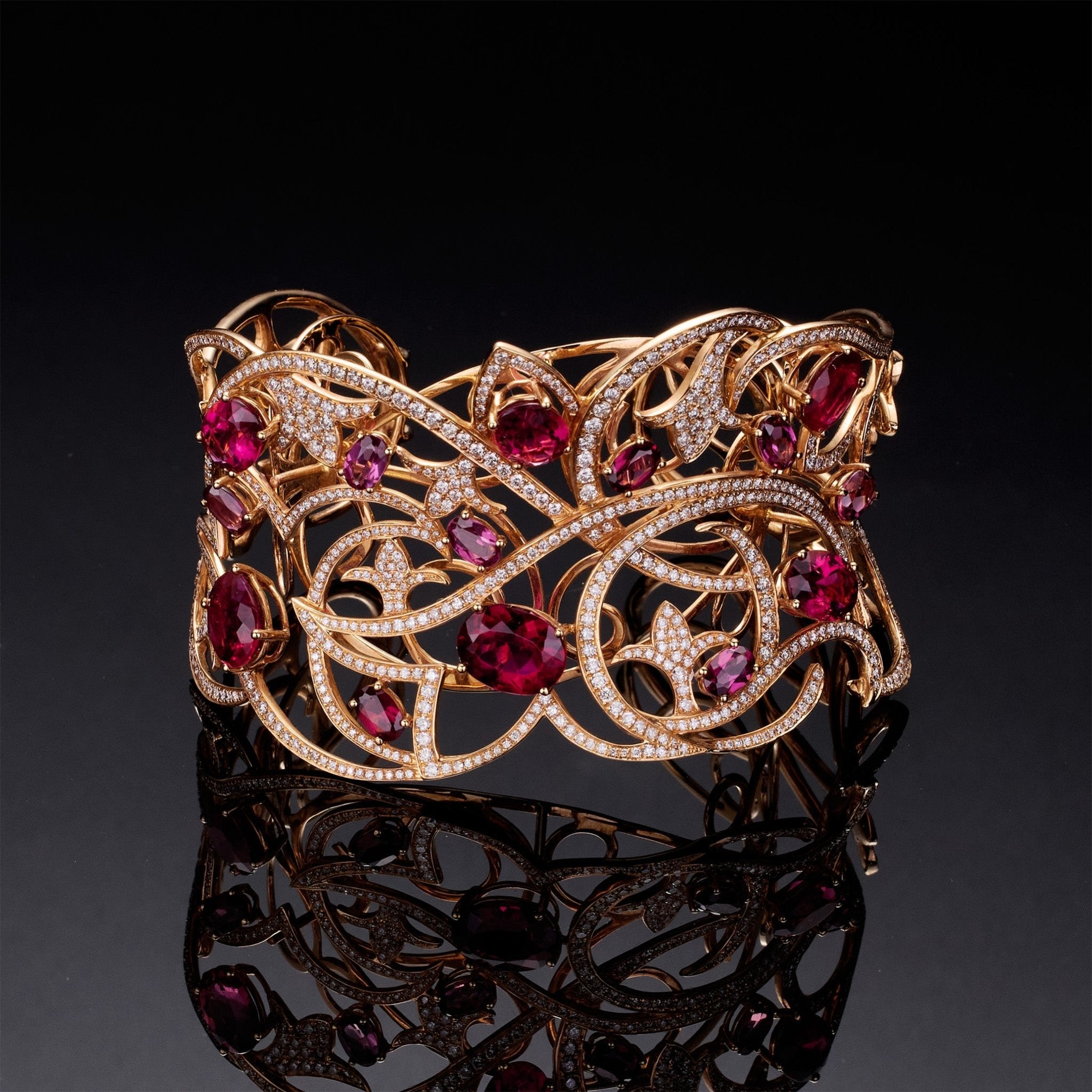 18K Rose Gold Bangle with Natural Rubies, Rubellites & Diamonds - Jewelry And Store