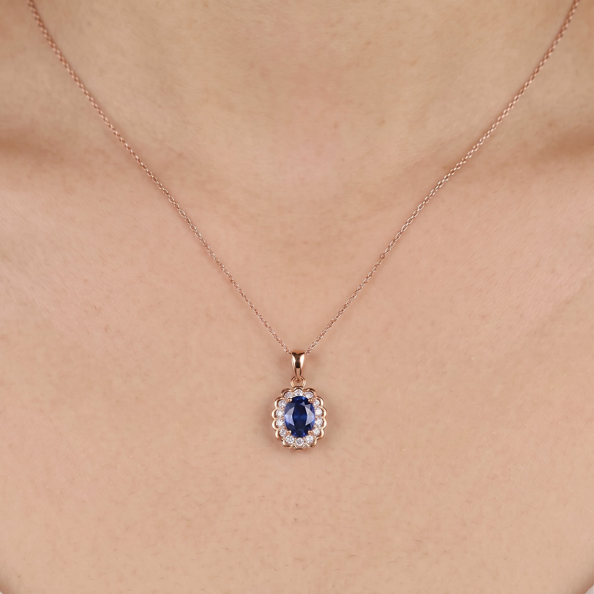 0.90ct Natural Blue Sapphire Floral Halo Pendant in 14K Rose Gold - JewelryAndStore