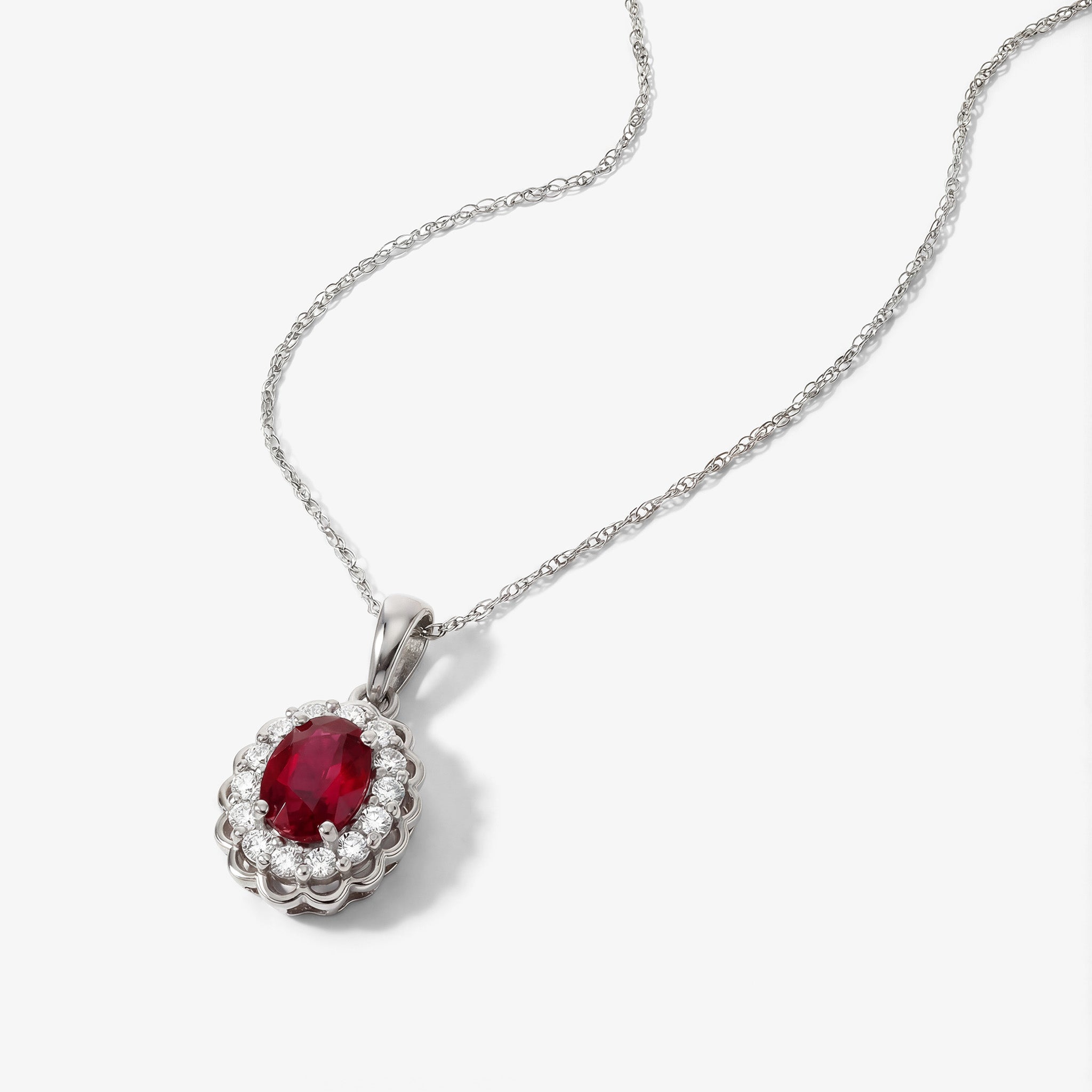 1.05ct Natural Ruby and Diamond Halo Pendant in 18K White Gold - JewelryAndStore
