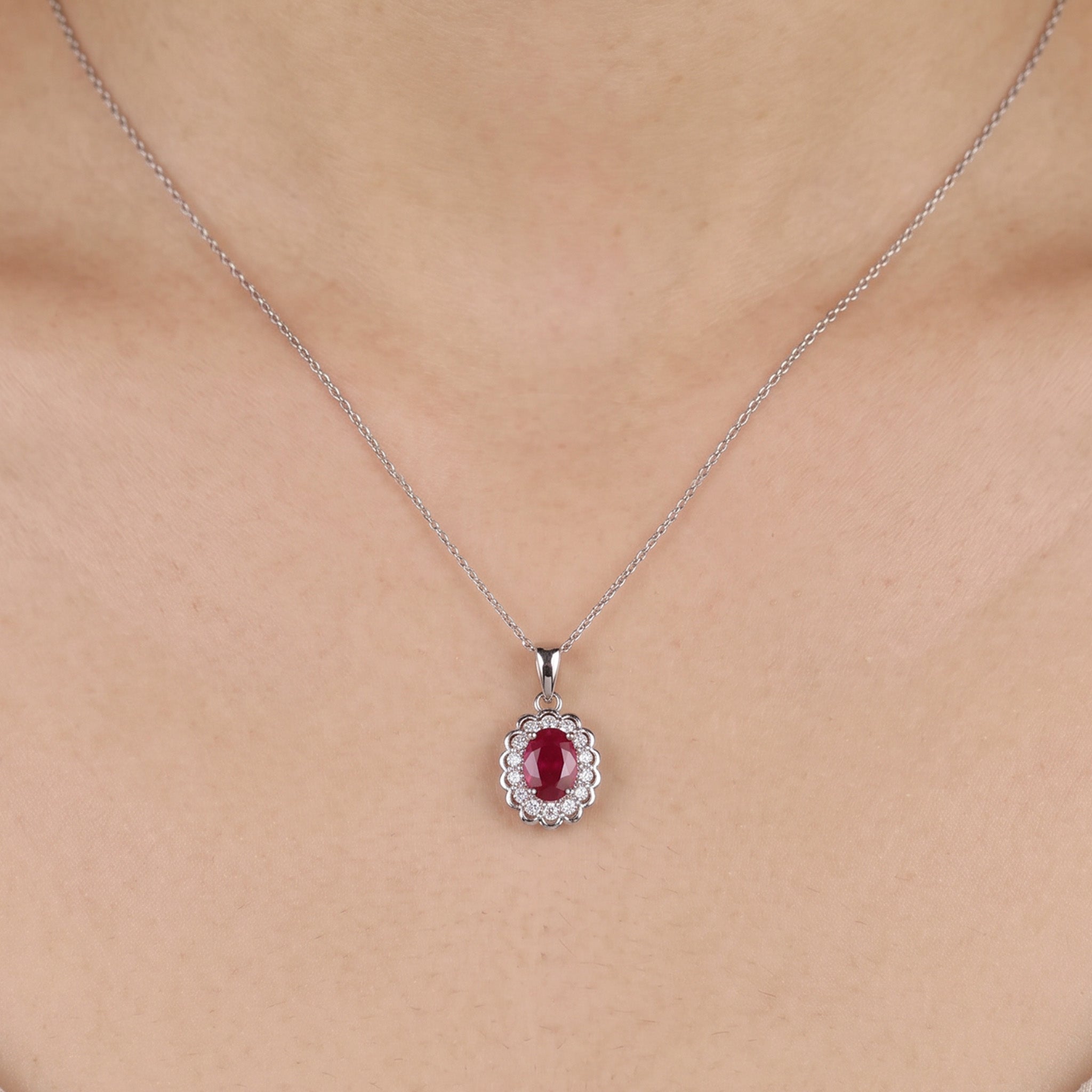 1.05ct Natural Ruby and Diamond Halo Pendant in 18K White Gold - JewelryAndStore