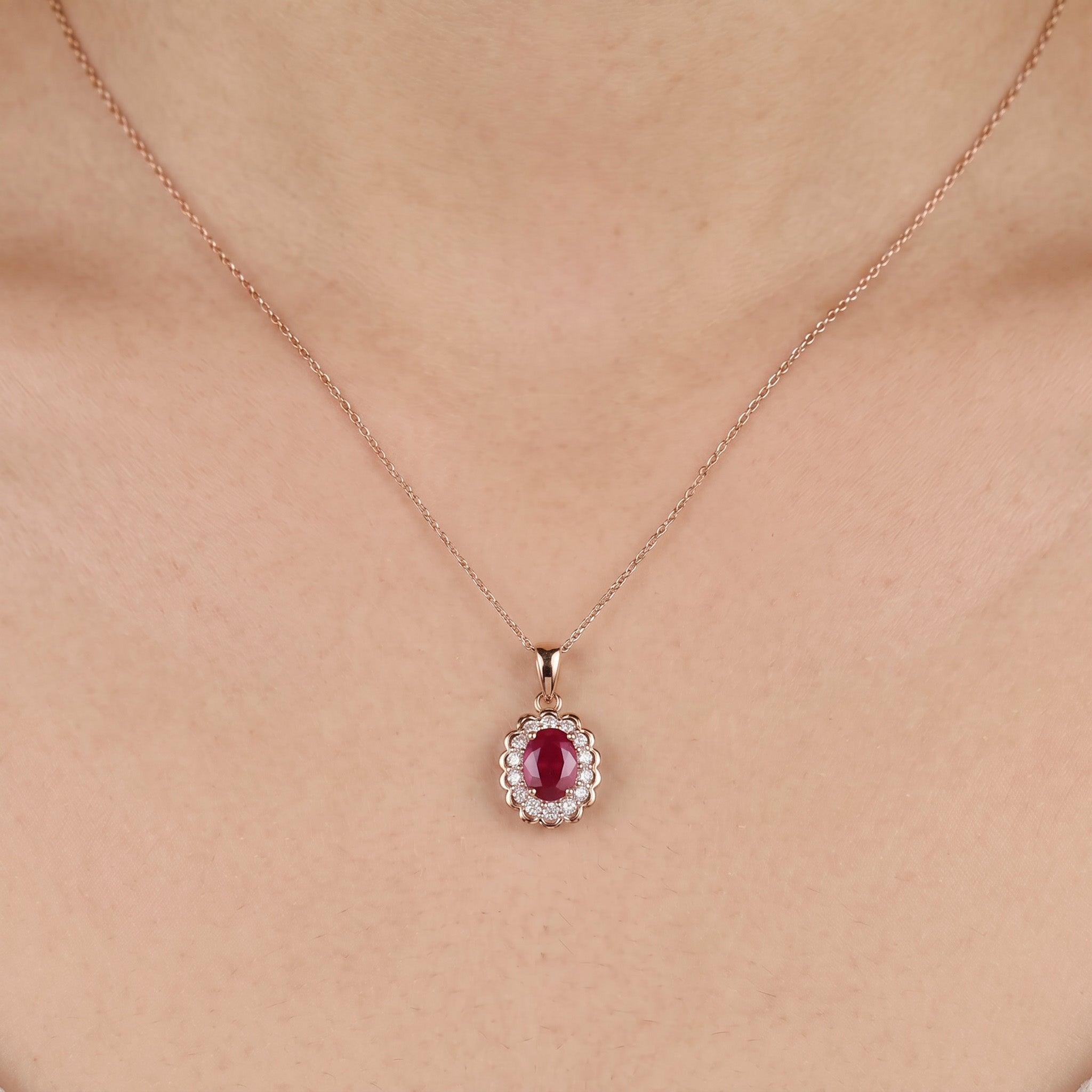 1.86ct Natural Ruby and Diamond Halo Pendant in 14K Rose Gold - JewelryAndStore
