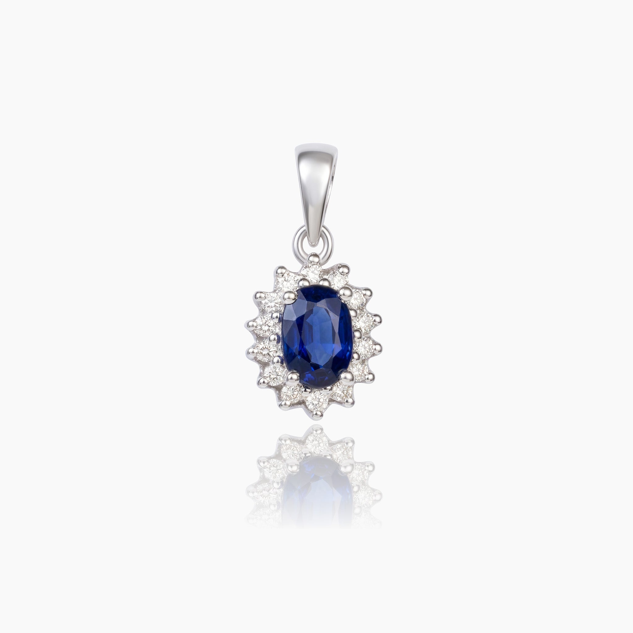 0.62ct Natural Blue Sapphire and Diamond Halo Pendant in 14K White Gold - JewelryAndStore