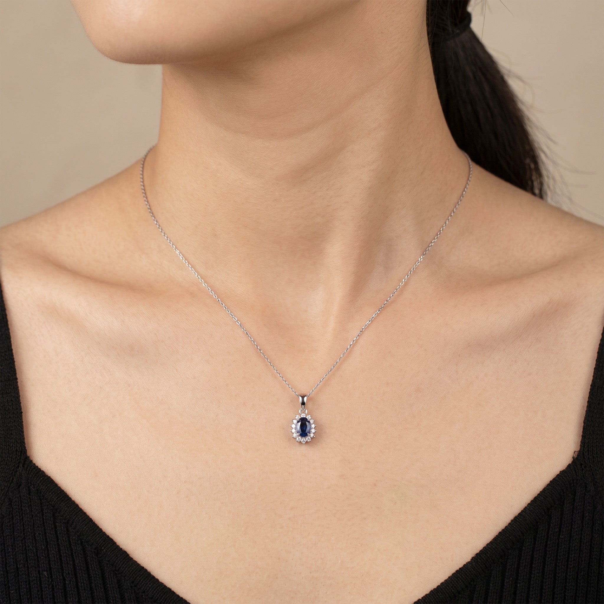0.62ct Natural Blue Sapphire and Diamond Halo Pendant in 14K White Gold - JewelryAndStore