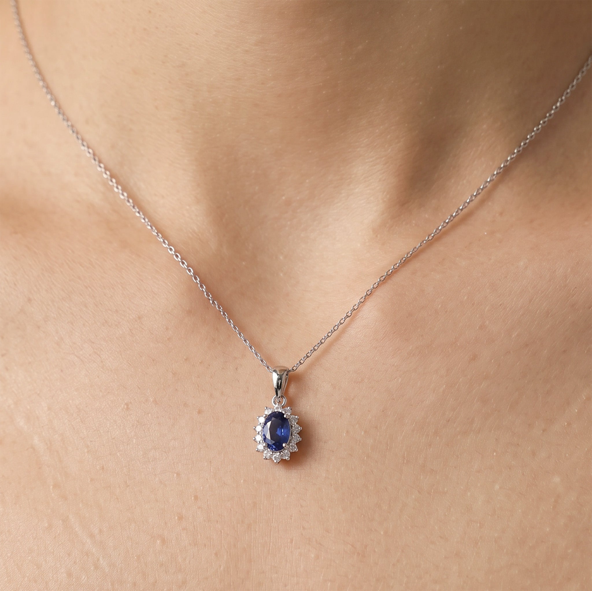 0.62ct Natural Blue Sapphire and Diamond Halo Pendant in 14K White Gold - JewelryAndStore