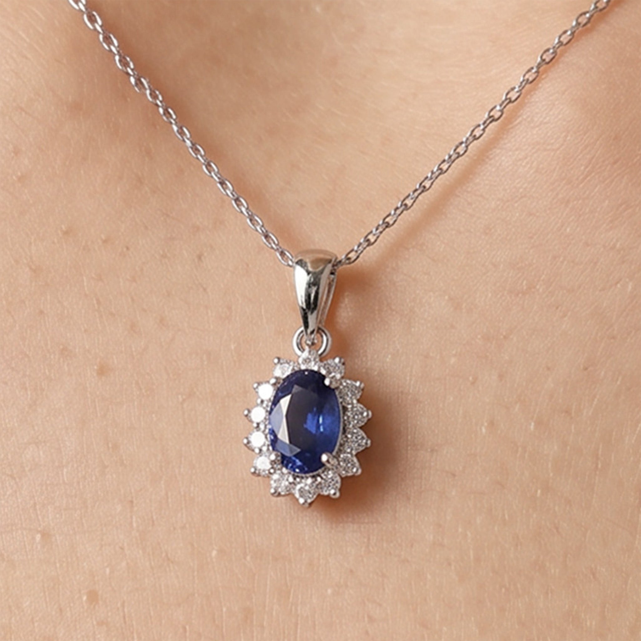 0.62ct Natural Blue Sapphire and Diamond Halo Pendant in 14K White Gold - JewelryAndStore