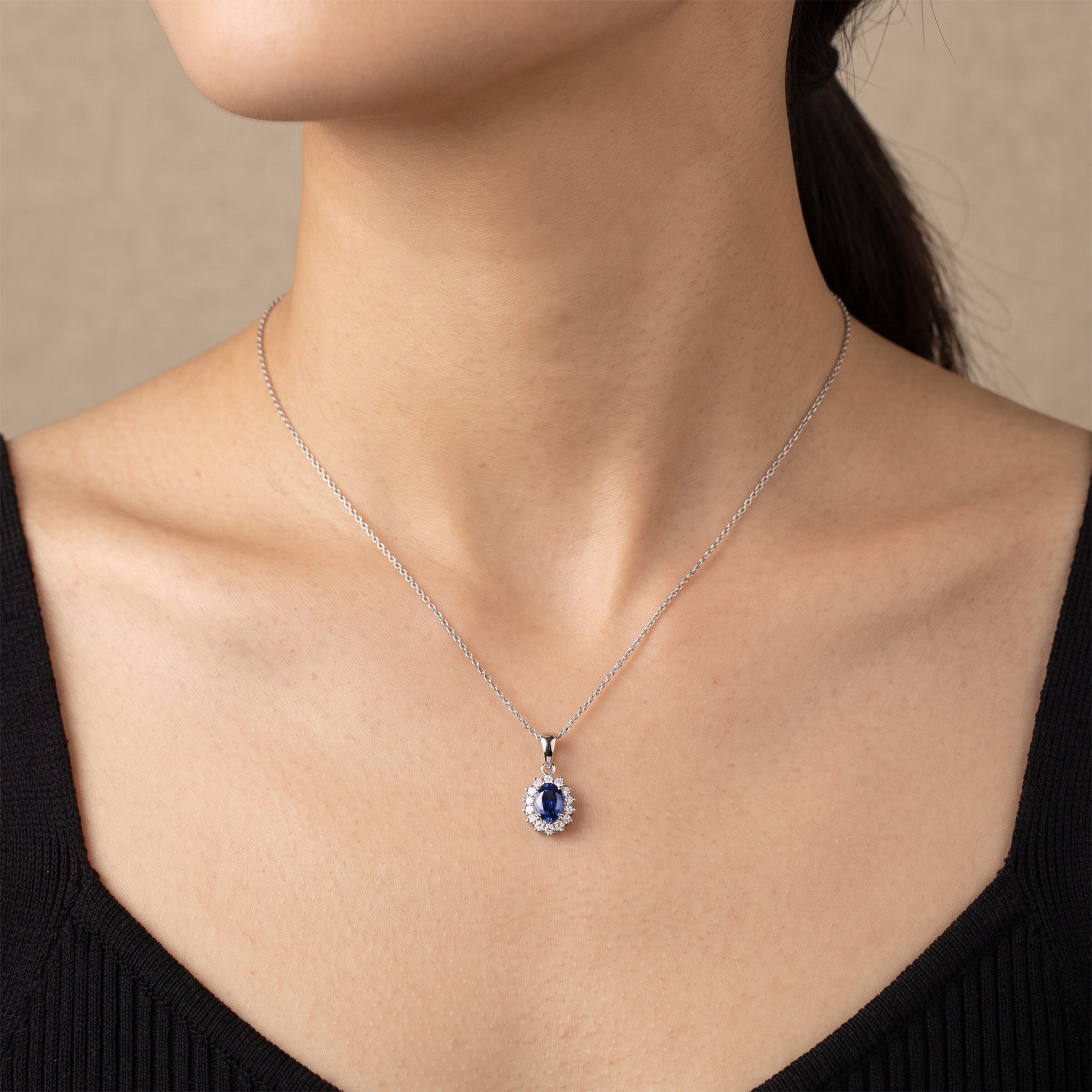 0.55ct Natural Blue Sapphire and Diamond Halo Pendant in 14K White Gold - JewelryAndStore