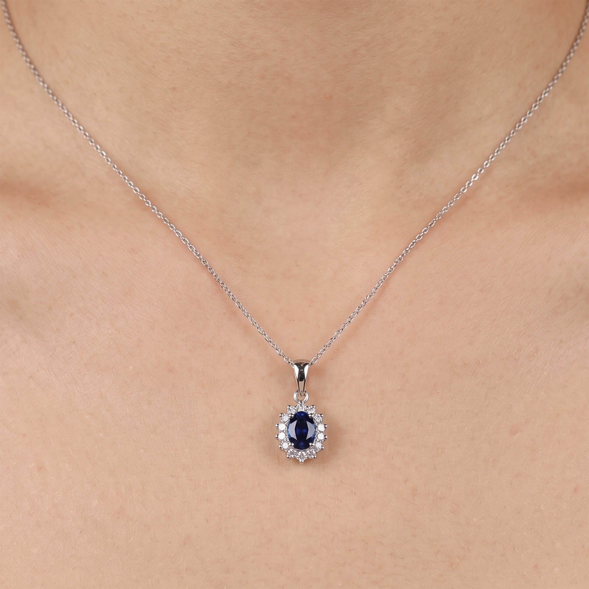 0.55ct Natural Blue Sapphire and Diamond Halo Pendant in 14K White Gold - JewelryAndStore